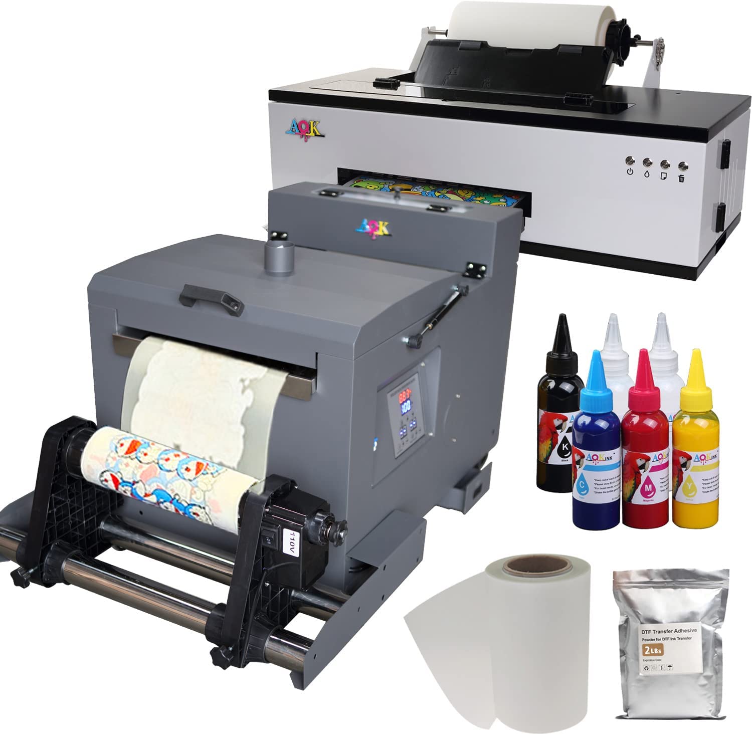 A3 Continuous DTF Printer & Powder Shaker Dryer White Ink Stirring System L1800 for Fabrics, Leather, Toys, Swimwear, Handicrafts, T Shirt, Other (6X 100ml Ink+1roll Film+Powder)