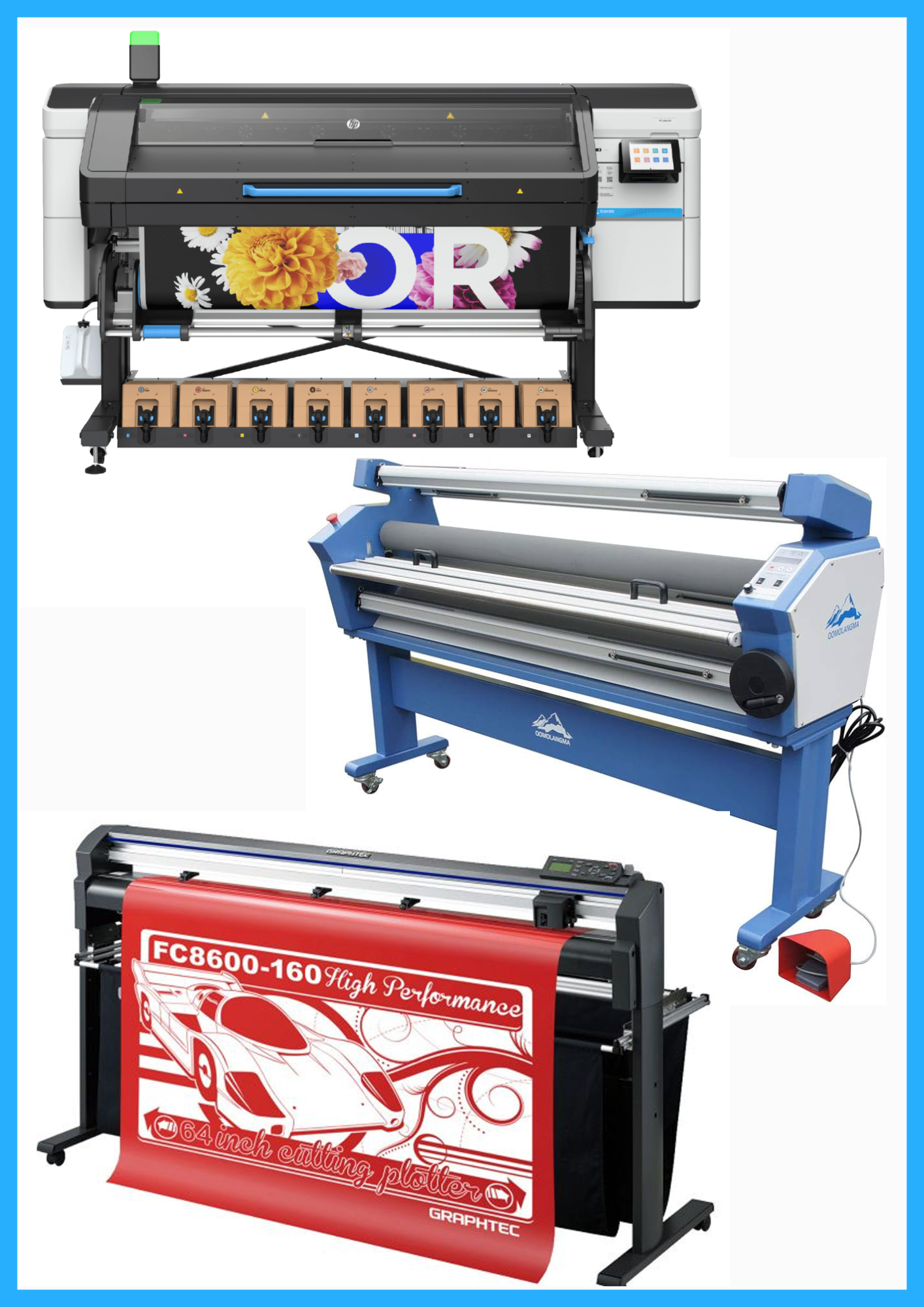 ON SALE - COMPLETE SOLUTION - HP Latex 830 64" Wide Format Printer - New + 64" Graphtec FC8600-160 Vinyl Cutting Plotter - Refurbished (1 Year Warranty) + 63" Full-auto Low Temp. Wide Format Cold Laminator - New