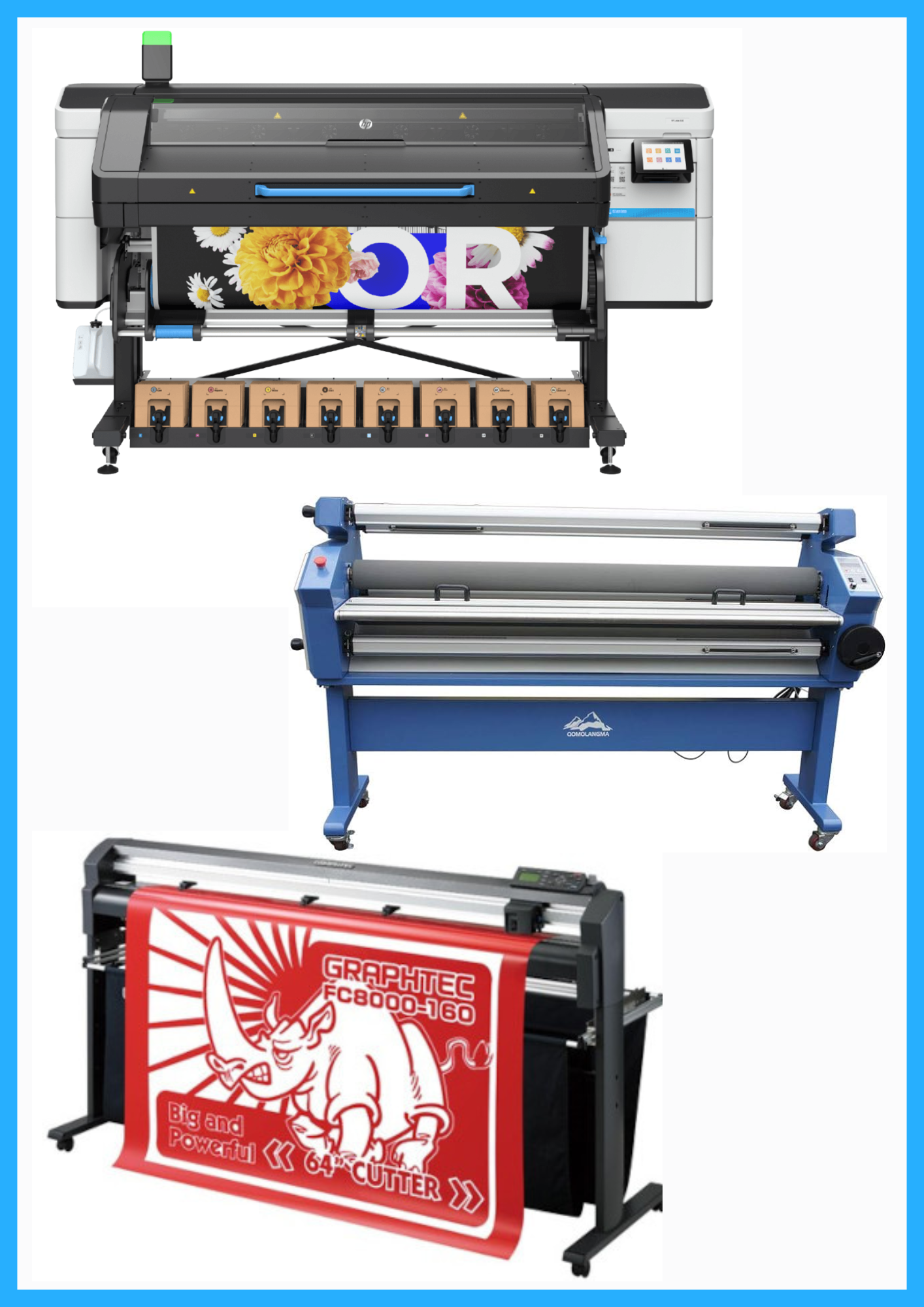 ON SALE - COMPLETE SOLUTION - HP Latex 830 64" Wide Format Printer - New + 64" Graphtec FC8000-160 Vinyl Cutting Plotter - Refurbished (1 Year Warranty) + 55" Full-Auto Wide Format Cold Laminator with Heat Assisted - New