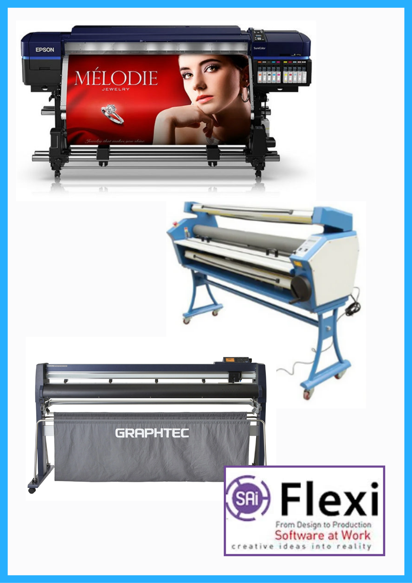 ON SALE - COMPLETE SOLUTION - Epson Surecolor S80600 Production Edition 64" Solvent Printer (Refurbished) + 64" Graphtec FC9000-160 Wide Cutter (New) + 55" Full-Auto Wide Format Cold Laminator with Heat Assisted (New) + Flexi RIP Software