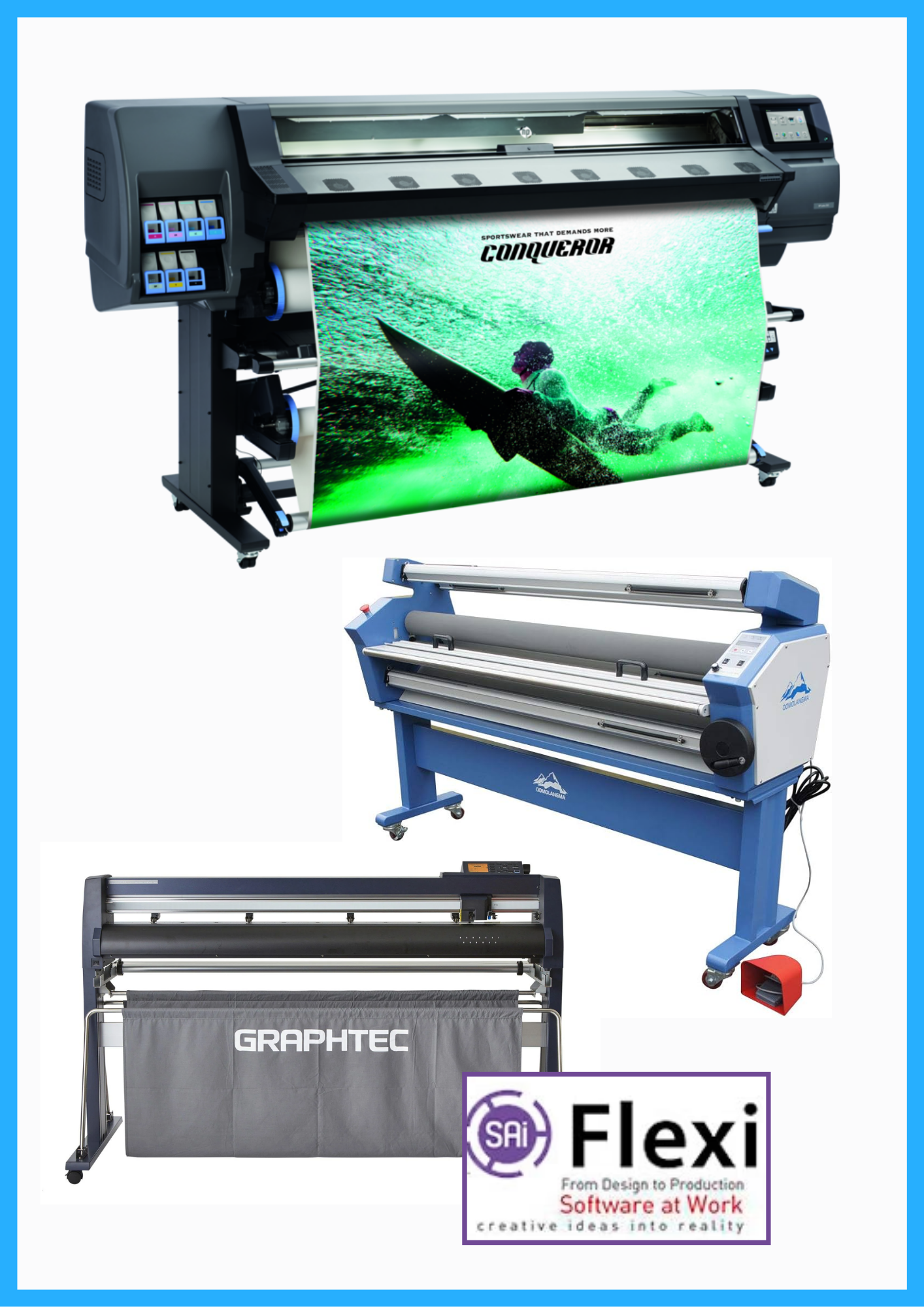 ON SALE - COMPLETE SOLUTION - HP Latex 365 64" Printer - Refurbished (90 Days, 1, 2, 3 or 4 Years Warranty) + Graphtec FC9000-160 64" Wide Cutter - New + 63" Full-auto Low Temp. Wide Format Cold Laminator, with Heat Assisted + Flexi RIP Software