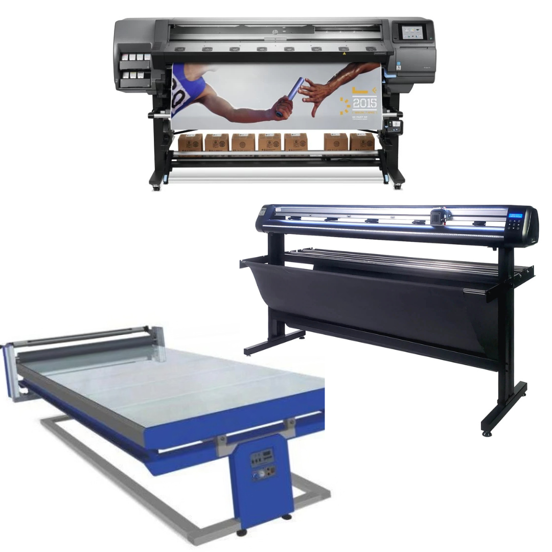 COMPLETE SOLUTION - HP Latex 370 64"- Refurbished (90 Days Warranty) + 65" Vinyl Cutter with ARMS Contour Cutting, Barcode Workflow, and Vacuum Hold-Down - MH400 + 67in x 126in Flatbed Hot and Cold Laminator for Rigid & Flex Media