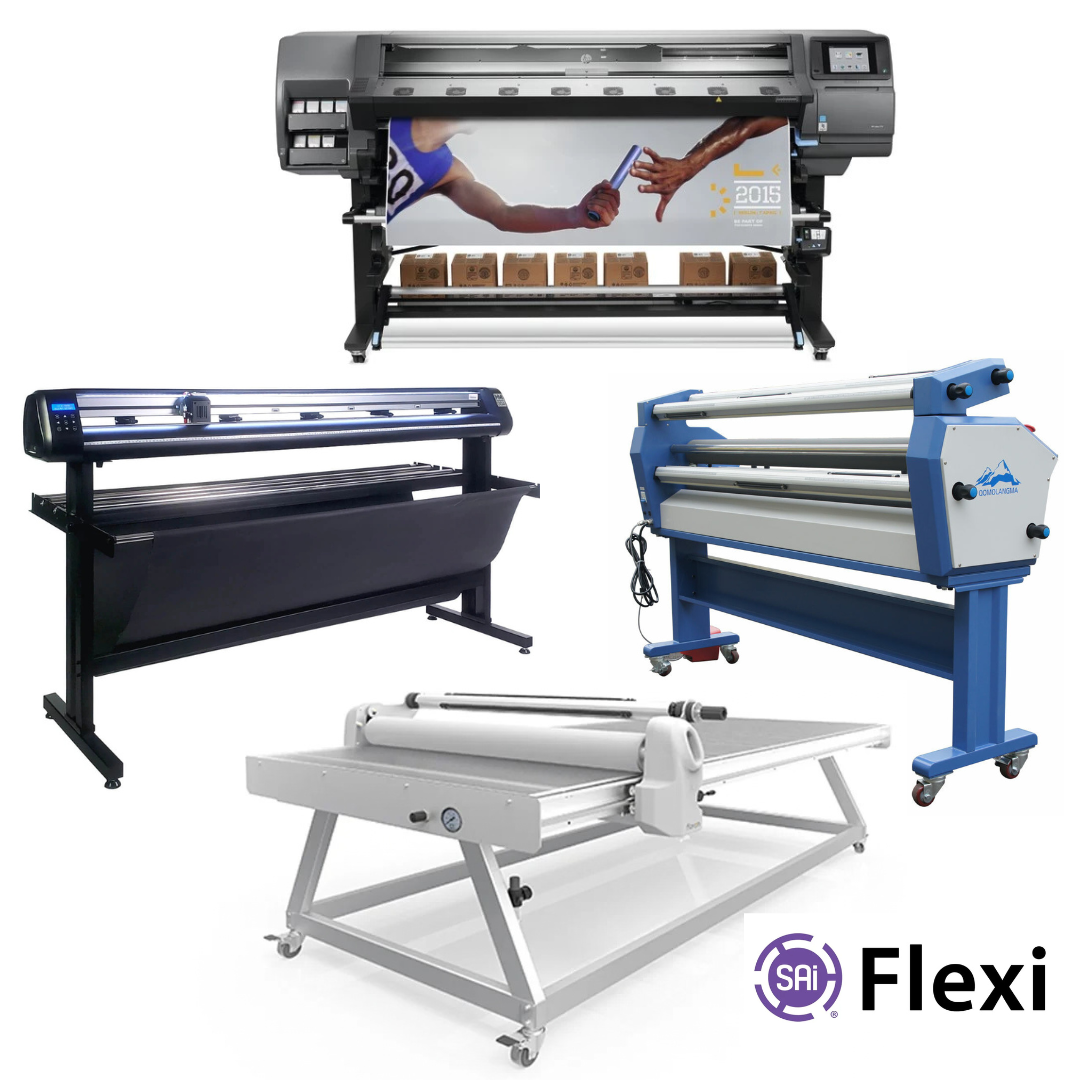 COMPLETE SOLUTION - HP Latex 370 64" Printer - Refurbished (90 D-Warranty) + 63" Cold Laminator, w/Heat Assisted + 51" x 98" Flatbed Lamination Table + 65" Vinyl Cutter with ARMS Contour Cutting, Barcode, and Vacuum Hold-Down (MH400) + Flexi RIP Software