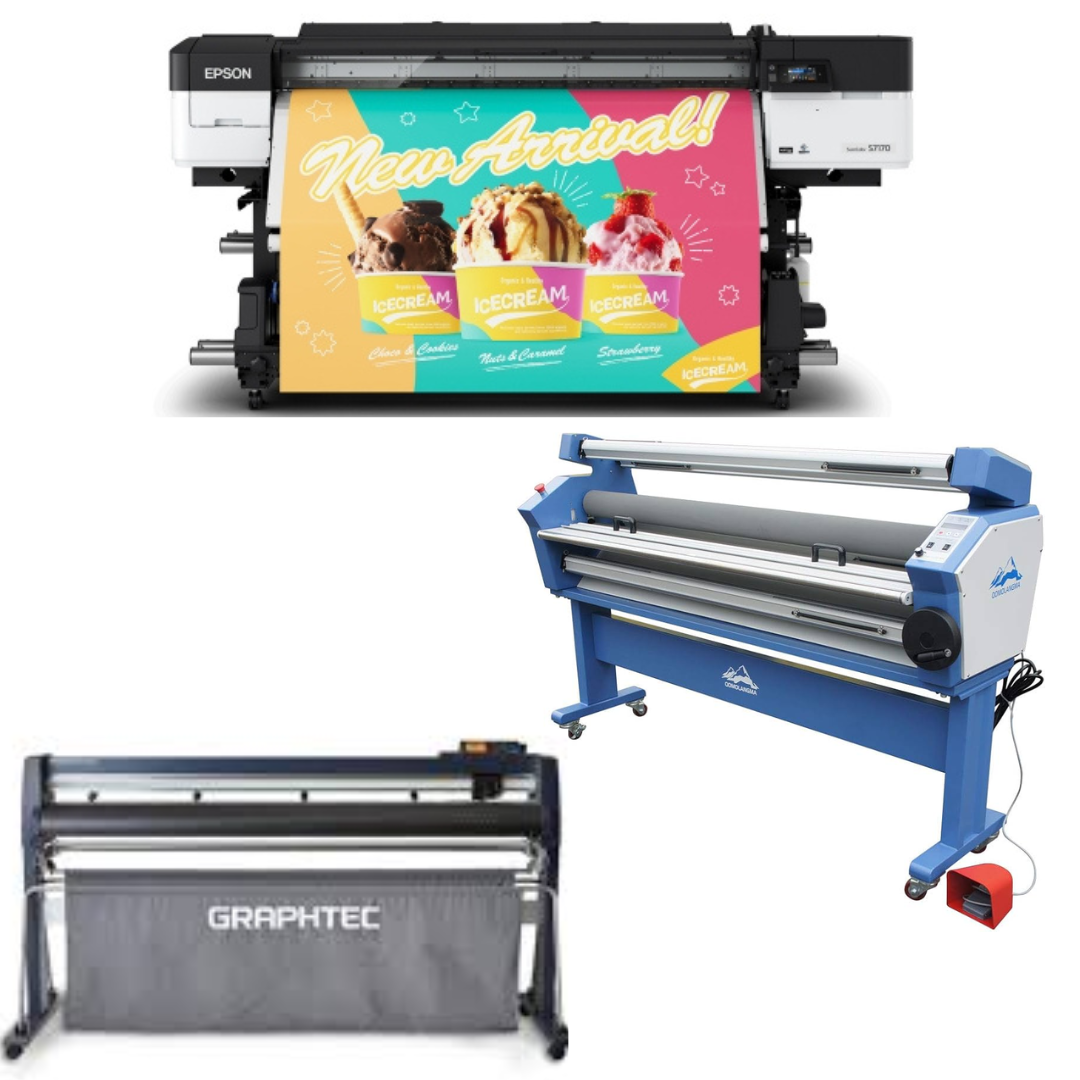 COMPLETE SOLUTION - Epson SureColor S7170 64" Production Edition Solvent Printer - New + 64" Graphtec FC9000-160 Wide Cutter - New + 63" Full-auto Low Temp. Wide Format Cold Laminator, with Heat Assisted - New
