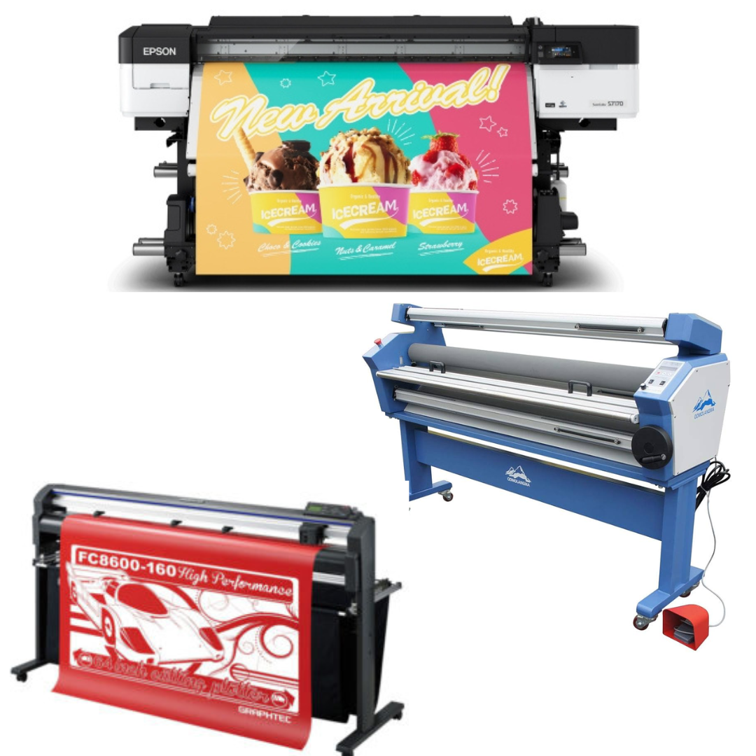 COMPLETE SOLUTION - Epson SureColor S7170 64" Production Edition Solvent Printer - New + 64" Graphtec FC8600-160 High Vinyl Cutting Plotter - Refurbished (90 Days Warranty) + 63" Full-auto Low Temp. Wide Format Cold Laminator, with Heat Assisted - New