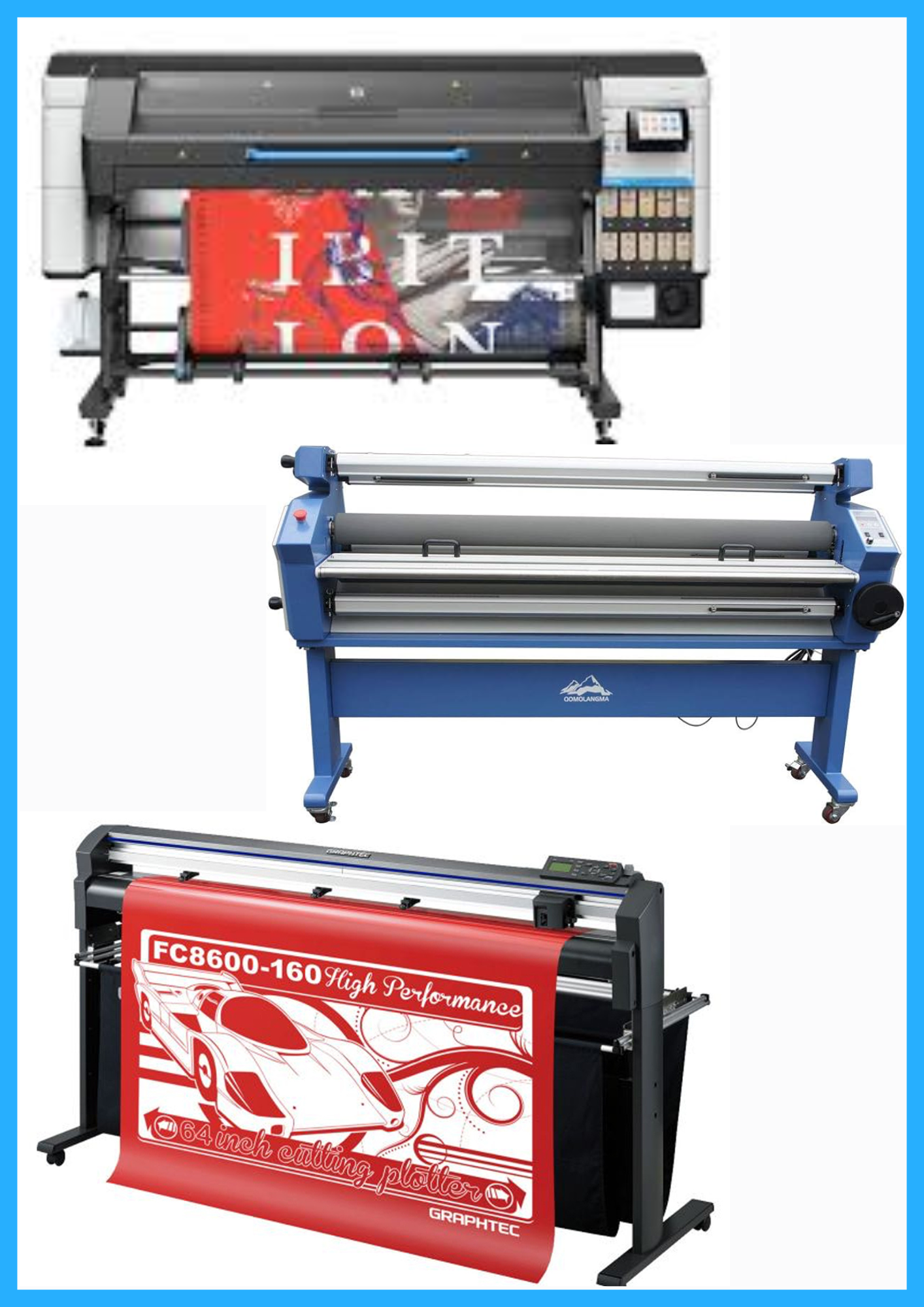 ON SALE - COMPLETE SOLUTION - HP Latex 830W 64" Wide Format Printer - New + 64" Graphtec FC8600-160 Vinyl Cutting Plotter - Refurbished (1 Year Warranty) + 55" Full-Auto Wide Format Cold Laminator with Heat Assisted - New