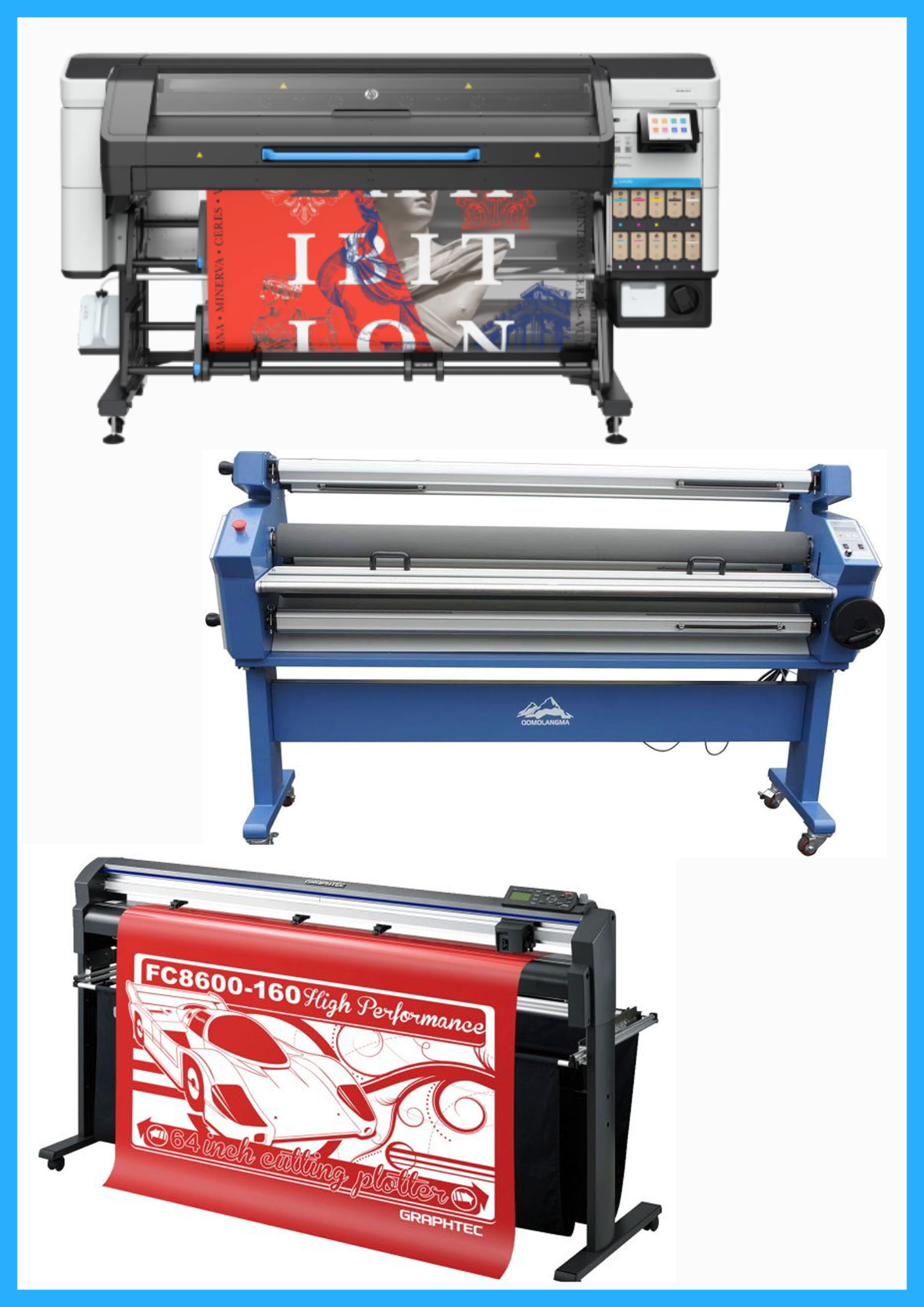 ON SALE - COMPLETE SOLUTION - HP Latex 730W 64" Wide Format Printer - New + 64" Graphtec FC8600-160 Vinyl Cutting Plotter - Refurbished (1 Year Warranty) + 55" Full-Auto Wide Format Cold Laminator with Heat Assisted - New