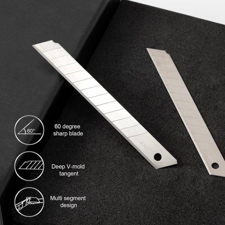 9mm Utility Knife Replacement Blades (60 degree), Snap Off Stainless Steel Blades for Retractable Cutting Knives, Hobby, Craft Knife, Box Cutter - 100PCS