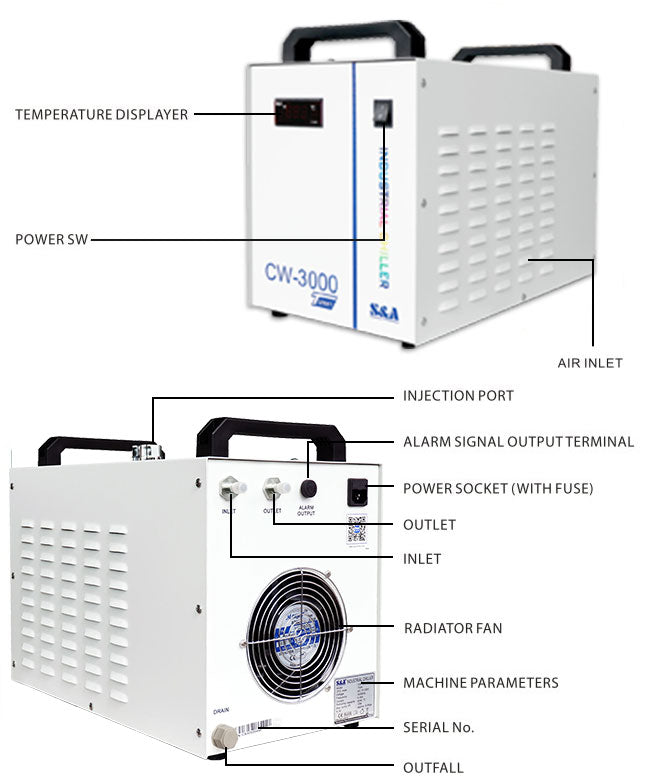 S&amp;A 3000TG Thermolysis Industrial Water Chiller for CO2 Glass Tube of Engraving Machine, AC 1P 220-240V, 50Hz