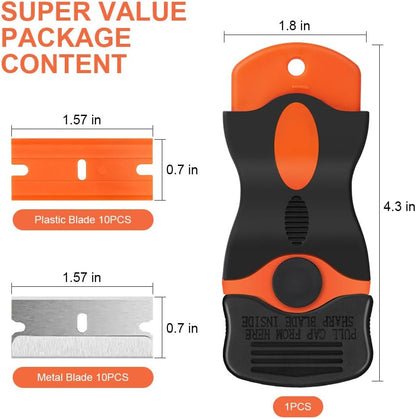 Razor Blade Scraper Tool with 10PCS Metal Blades and 10PCS Plastic Blades (4.5 x 11CM) - 2 Pack