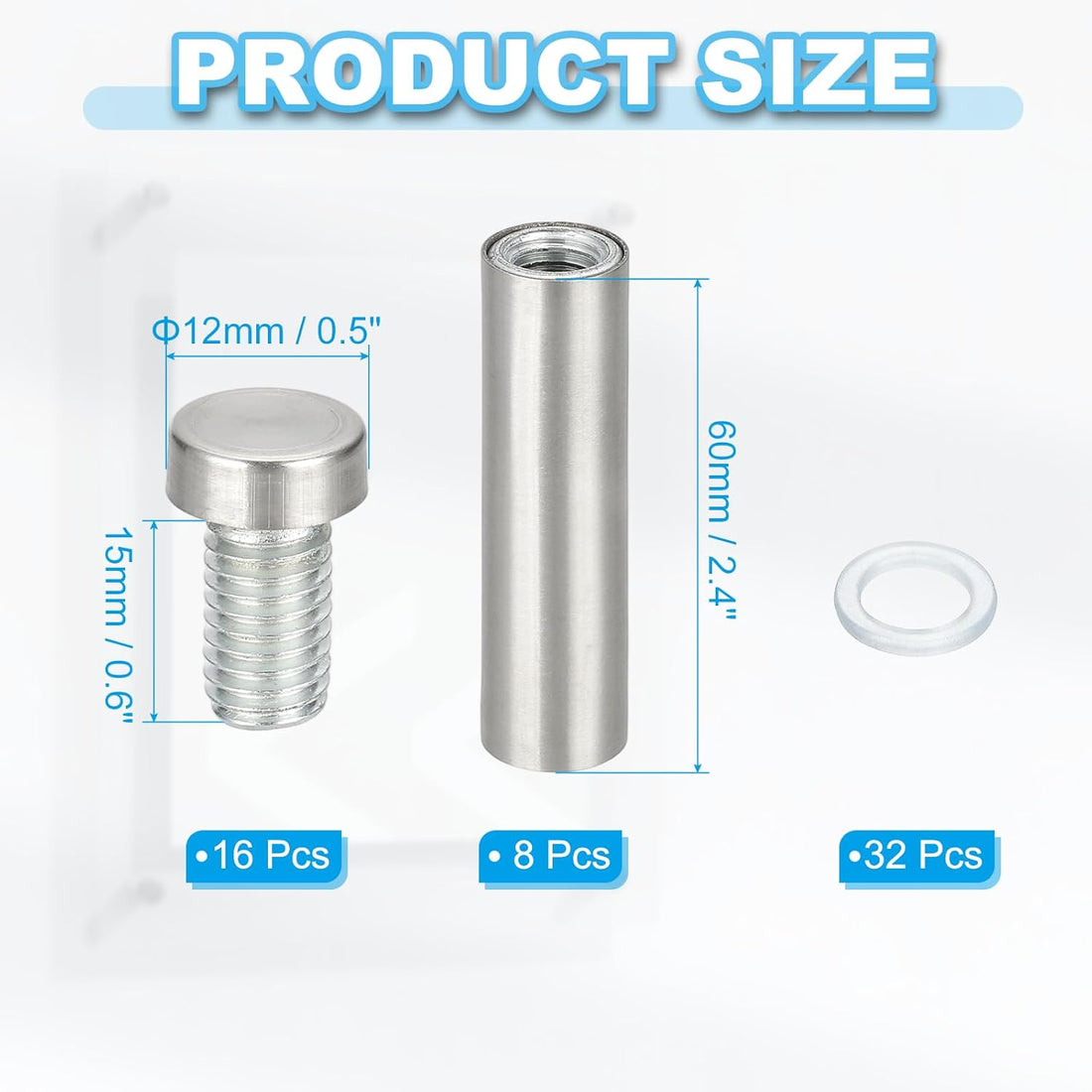 Wall Mount Acrylic Double Head Standoff Screws - 8pcs (1/2" x 2.4")