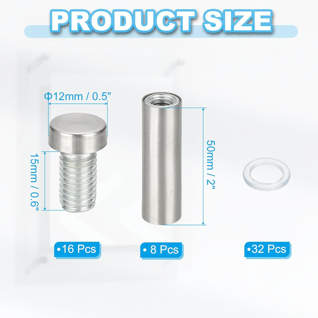 Wall Mount Acrylic Double Head Standoff Screws - 8pcs (1/2" x 2")