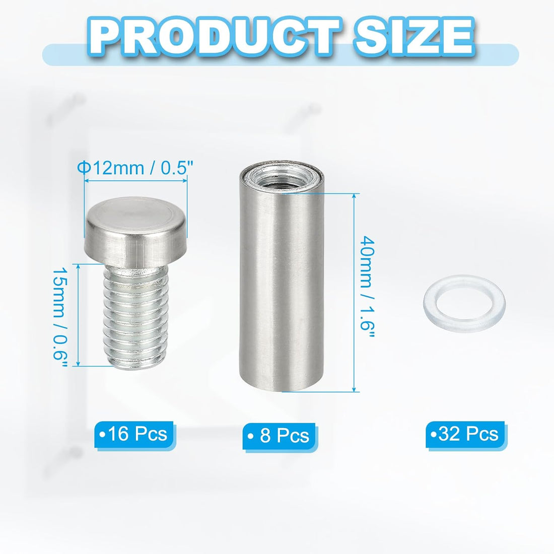 Wall Mount Acrylic Double Head Standoff Screws - 8pcs (1/2" x 1.6")