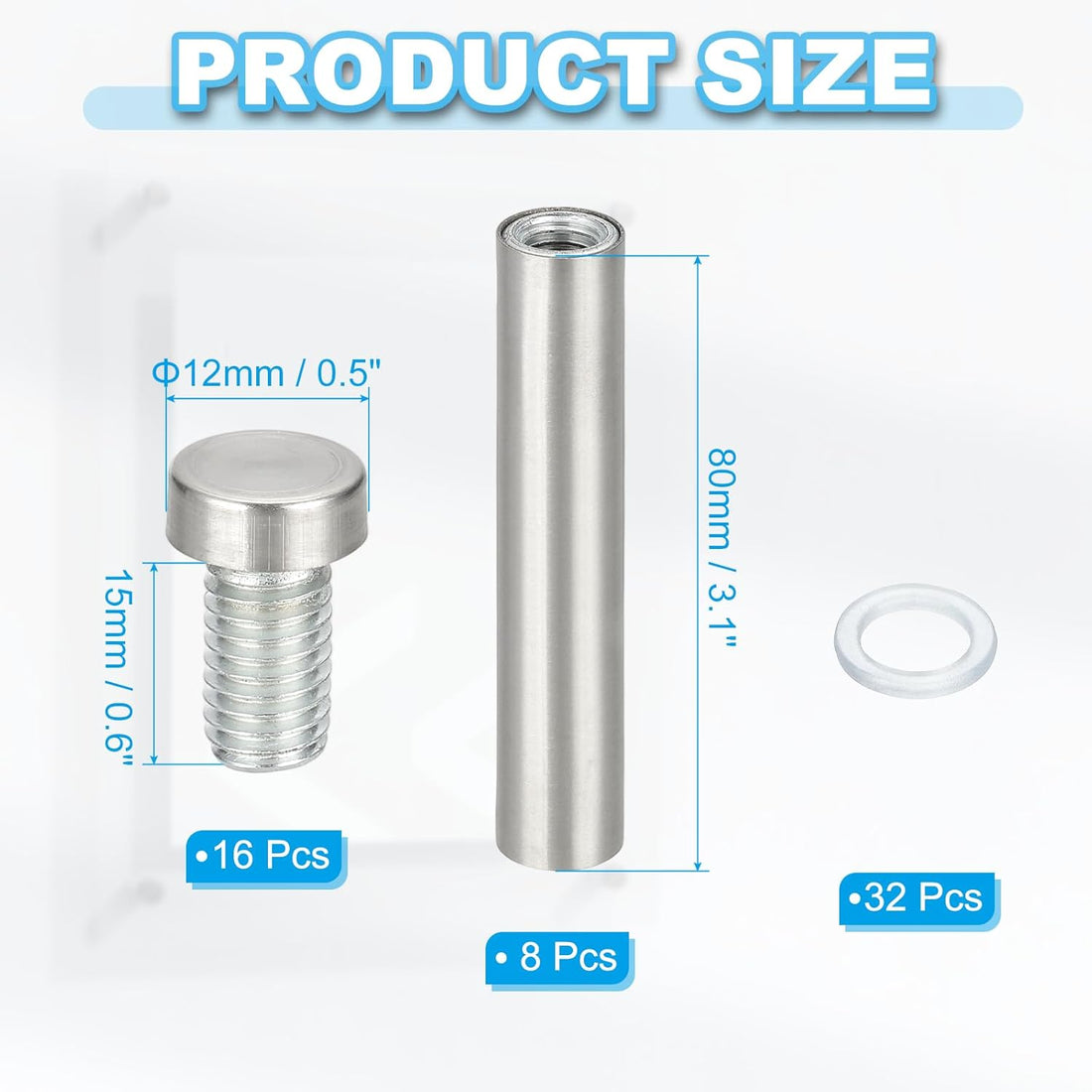 Wall Mount Acrylic Double Head Standoff Screws - 8pcs (1/2" x 3.1")