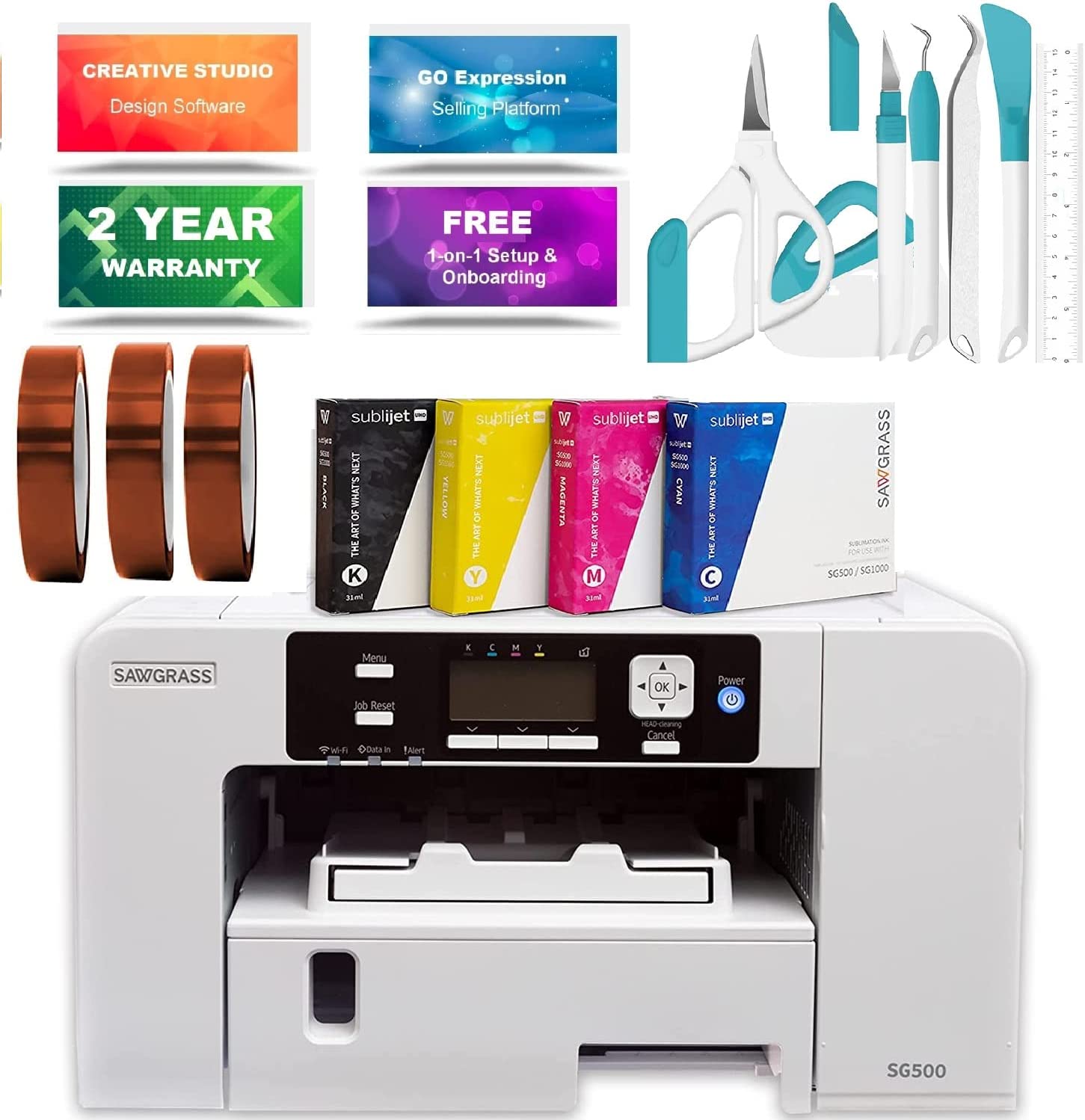 Sawgrass Virtuoso SG500 Printer - Starter Bundle with Sublimax Paper, Sublimation Inks, 3 Tapes, Printer Dust Cover &amp; 7-Piece Craft Tool Set, White