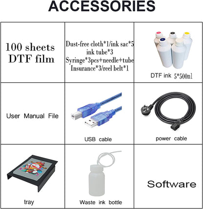 PUNEHOD DTF Transfer Printer A3 L1800 T Shirt Printer for Fabrics, Leather, Toys, Swimwear, Handicrafts, T Shirt, Pillow, Other Textile.(DTF Printer + Oven+6X 250ml Ink)
