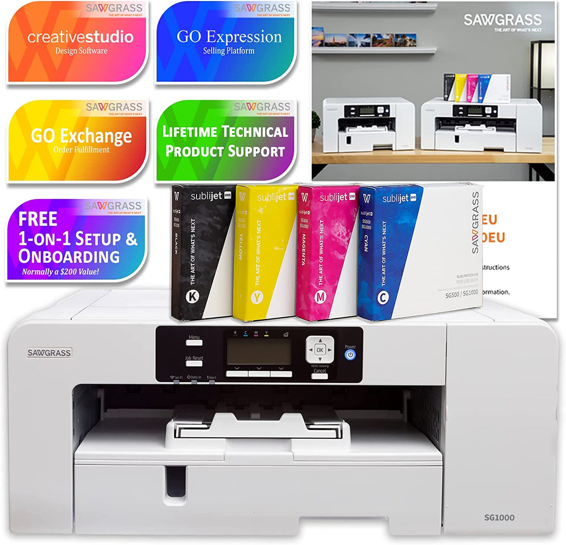 Sawgrass UHD Virtuoso SG1000 Sublimation Printer Starter Bundle with Inks, Sublimation Paper, Tape, Blanks, Designs and Access to Exclusive Content, White, 11&
