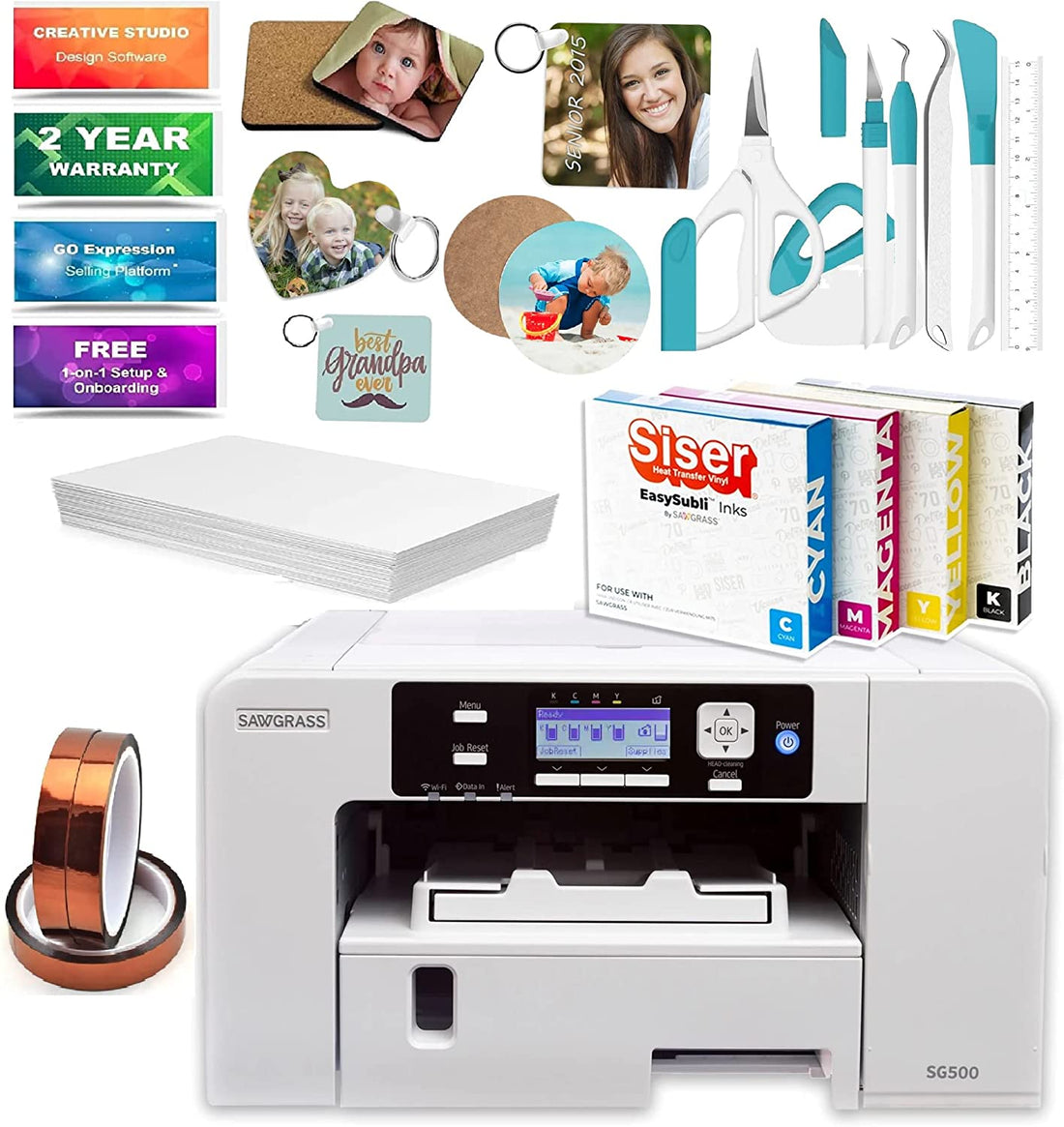 Sawgrass Virtuoso SG500 Sublimation Printer - Bundle with EASYSUBLI Inks, 330 Sheets Sublimax Paper, 3 Tapes, Dust Cover, 7-Piece Craft Tool Set &amp; 10-Piece Sublimation Blanks (SG500 for Siser Users)