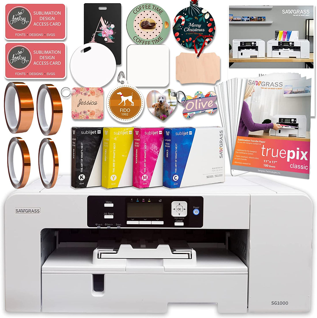 Sawgrass UHD Virtuoso SG1000 Sublimation Printer Starter Bundle with Inks, Sublimation Paper, Tape, Blanks, Designs and Access to Exclusive Content, White, 11&