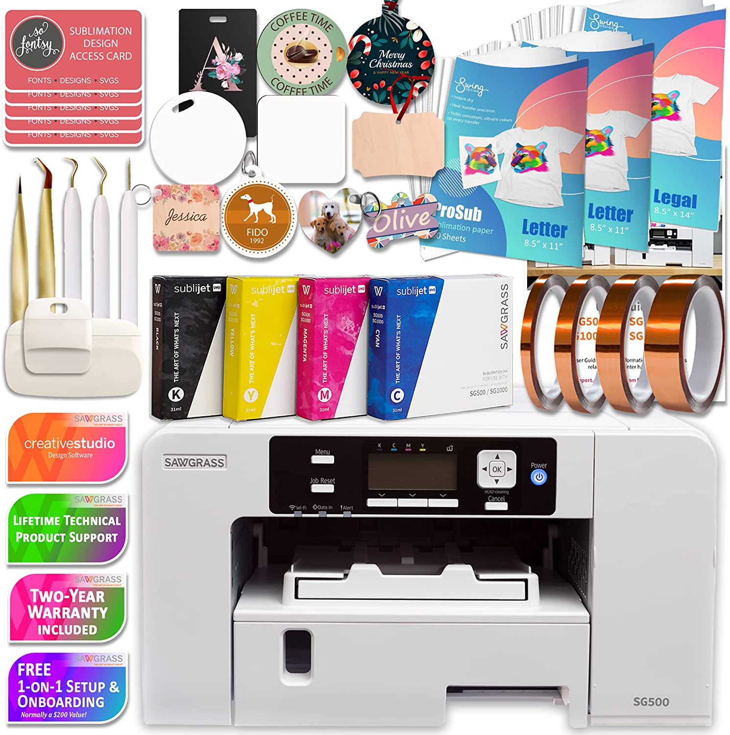 Sawgrass UHD Virtuoso SG500 Sublimation Printer Bundle with Inks, 450 Sheets of Sublimation Paper, Tape, Tools, Blanks, Mega Design Pack