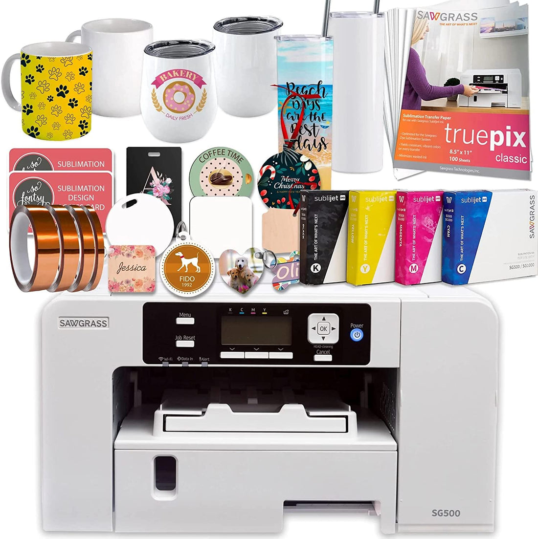 Sawgrass UHD Virtuoso SG500 Sublimation Printer Starter Bundle with Inks, Paper, Tape, Blanks Assortment, Designs and Access to Exclusive Content White, 8.5&