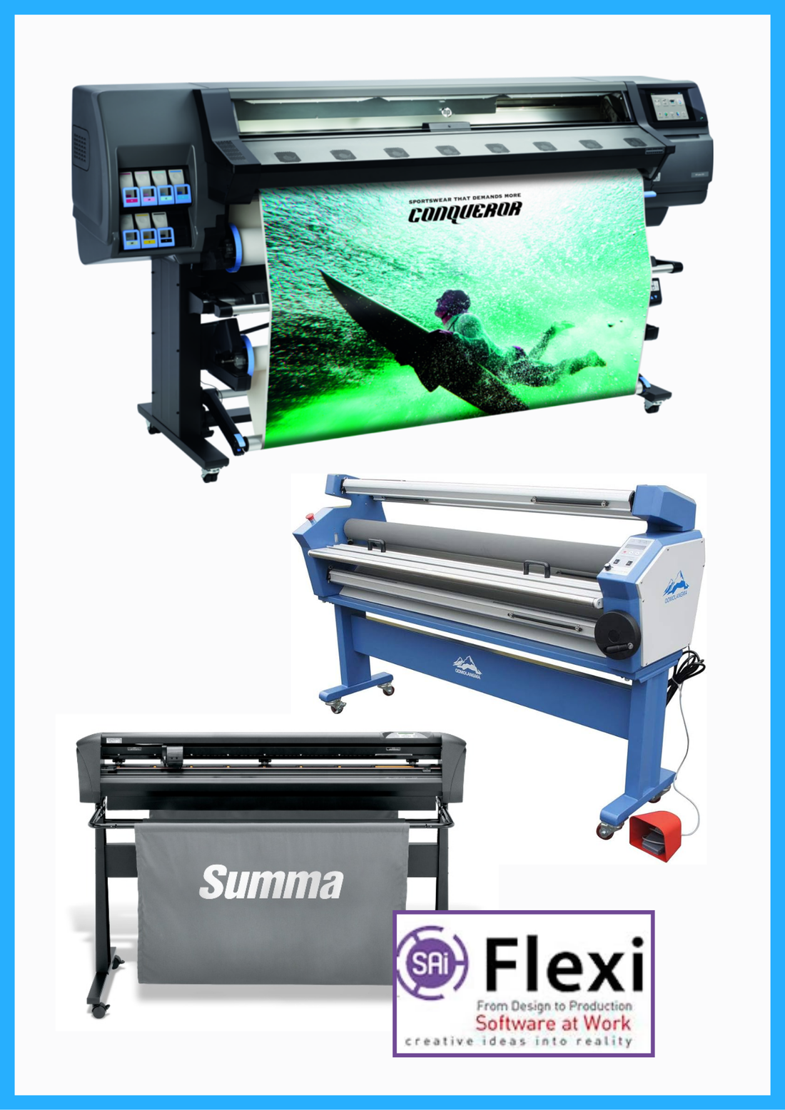 ON SALE - COMPLETE SOLUTION - HP Latex 365 64&quot; Printer - Refurbished (90 Days, 1, 2, 3 or 4 Years Warranty) + Summa S Class 3 D160 62&quot; Vinyl Cutter - New + 63&quot; Full-auto Low Temp. Wide Format Cold Laminator, with Heat Assisted + Flexi RIP Software