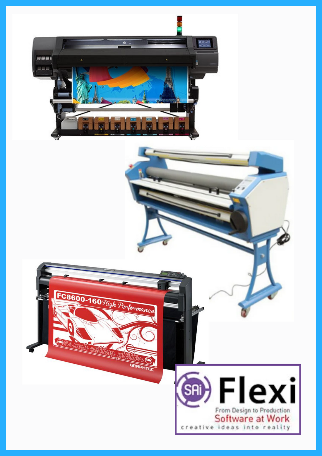 COMPLETE SOLUTION - HP Latex 570 64&quot; Printer - Refurbished (90 Days, 1, 2, 3 or 4 Y/War) + 64&quot; Graphtec FC8600-160 Cutting Plotter - Refurbished (90 Days, 1, 2, 3 or 4 Y/War) + 63&quot; Full-auto Low Temp. Wide Format Cold Laminator + Flexi RIP Software