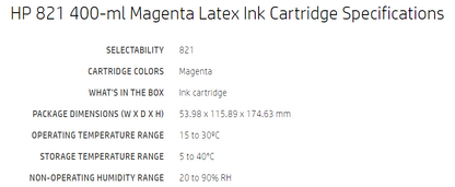 HP 821 400ml Magenta Latex Ink Cartridge for Latex 110, 115 Printers - G0Y87A
