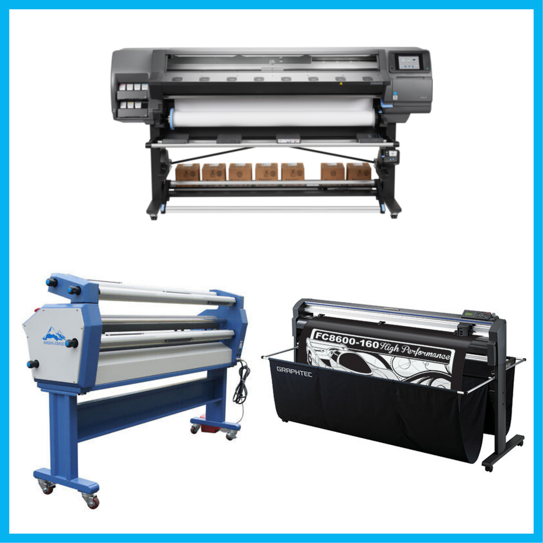 ON SALE - COMPLETE SOLUTION - HP Latex 370  Printer - Refurbished (90 Days, 1, 2, 3 or 4 Y/Warranty) +  64&quot; Graphtec FC8600-160 Vinyl Cutting Plotter - Refurbished (90 Days, 1, 2, 3 or 4 Y/Warranty) + 63&quot; Cold Laminator, with Heat Assisted