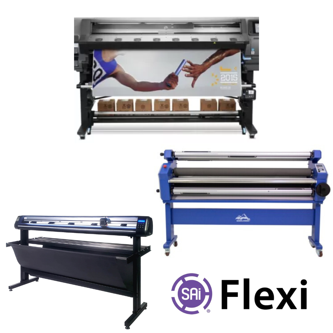 COMPLETE SOLUTION - HP Latex 370 64" Printer - Refurbished (90 Days, 1, 2, 3 or 4 Y/Warranty) + 63" Full-auto Cold Laminator, with Heat Assisted - New + 65" Vinyl Cutter Machine with ARMS Contour Cutting (MH200) New + Flexi RIP Software