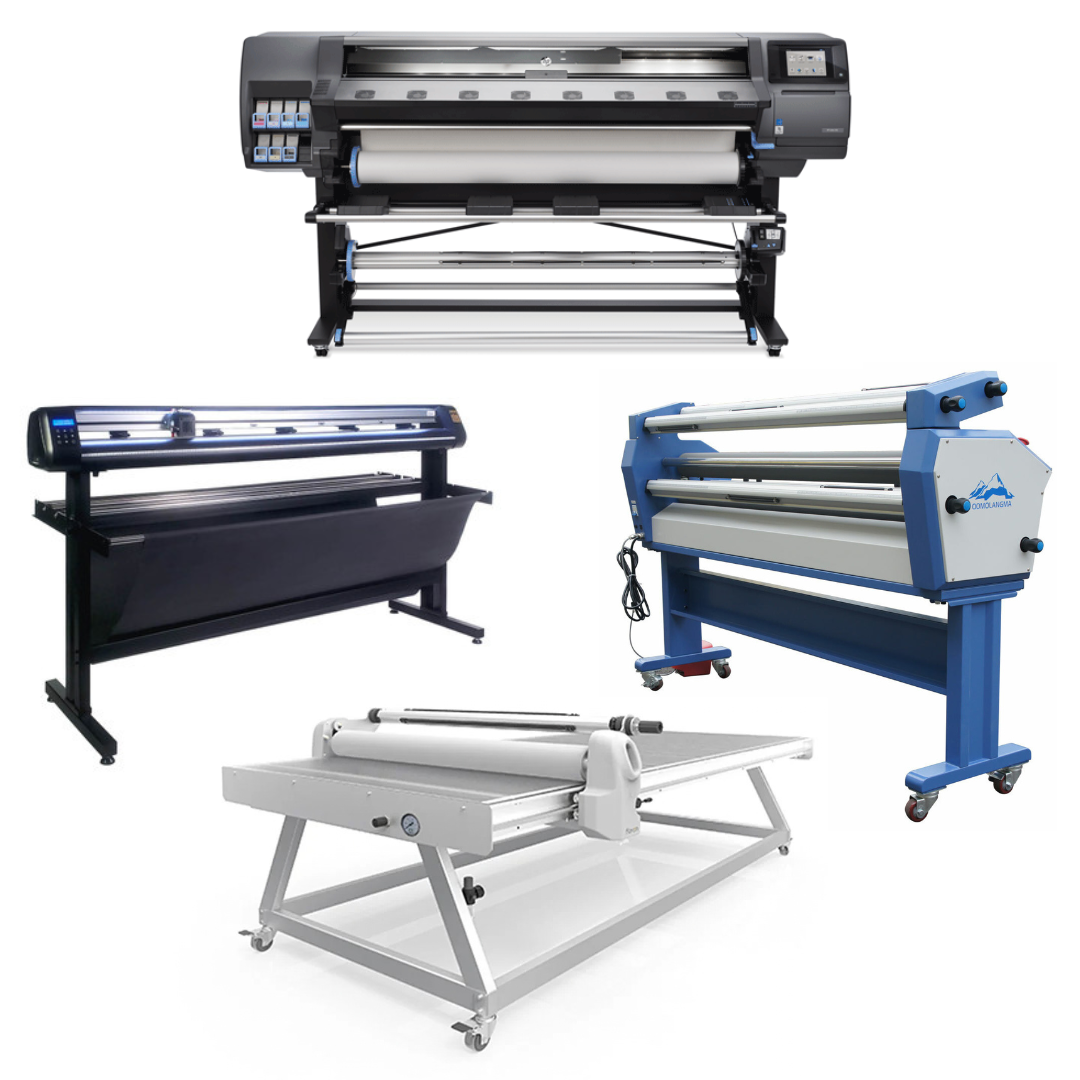 COMPLETE SOLUTION - HP Latex 365 64" Printer - Refurbished (1 Y-Warranty) + 65" Vinyl Cutter w/ARMS Contour Cutting, Barcode Workflow, and Vacuum Hold-Down - MH400 + 63" Cold Laminator, with Heat Assisted + 51" x 98" Flatbed Lamination Table