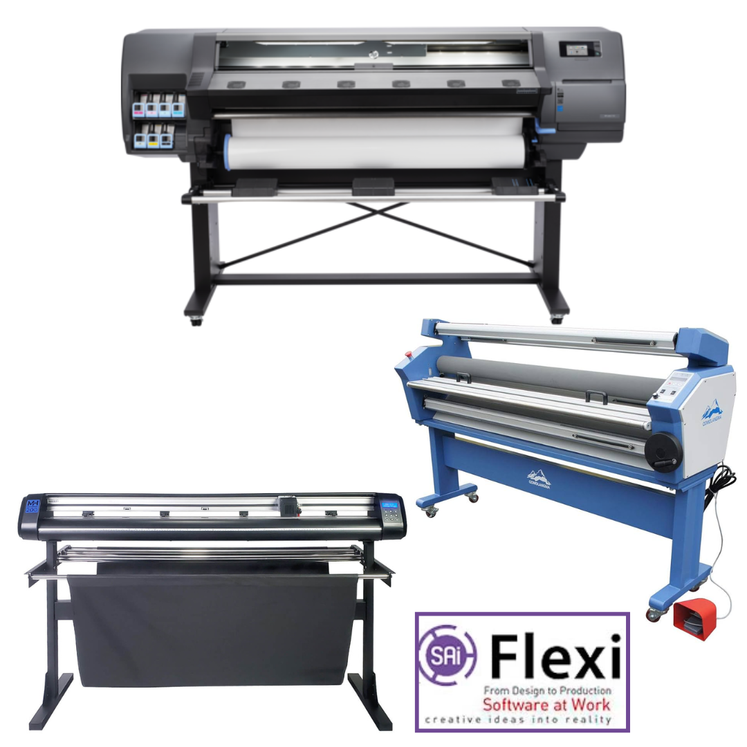 ON SALE - COMPLETE SOLUTION - HP Latex 110 54&quot; Printer - Refurbished (90 Days Warranty) + 53&quot; Vinyl Cutter Machine with ARMS Contour Cutting (MH200) - New + 55&quot; Full-Auto Wide Format Cold Laminator with Heat Assisted+ Flexi RIP Software