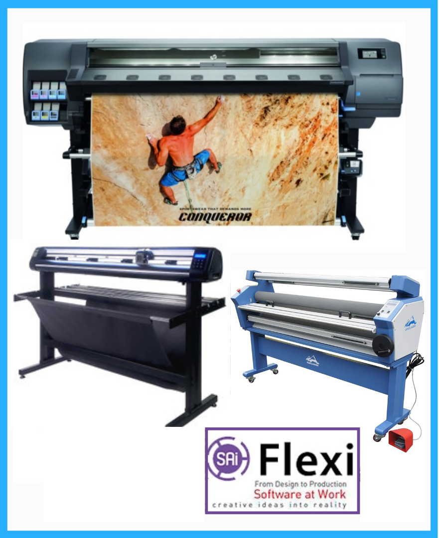 ON SALE - COMPLETE SOLUTION - HP Latex 335 64&quot; Printer - Refurbished (90 Days, 1, 2, 3 or 4 Y/Warranty) + 55&quot; Cold Laminator, With Heat Assisted + 53&quot; Vinyl Cutter with ARMS Contour Cutting &amp; Barcode (MH300) - New + Flexi RIP Software