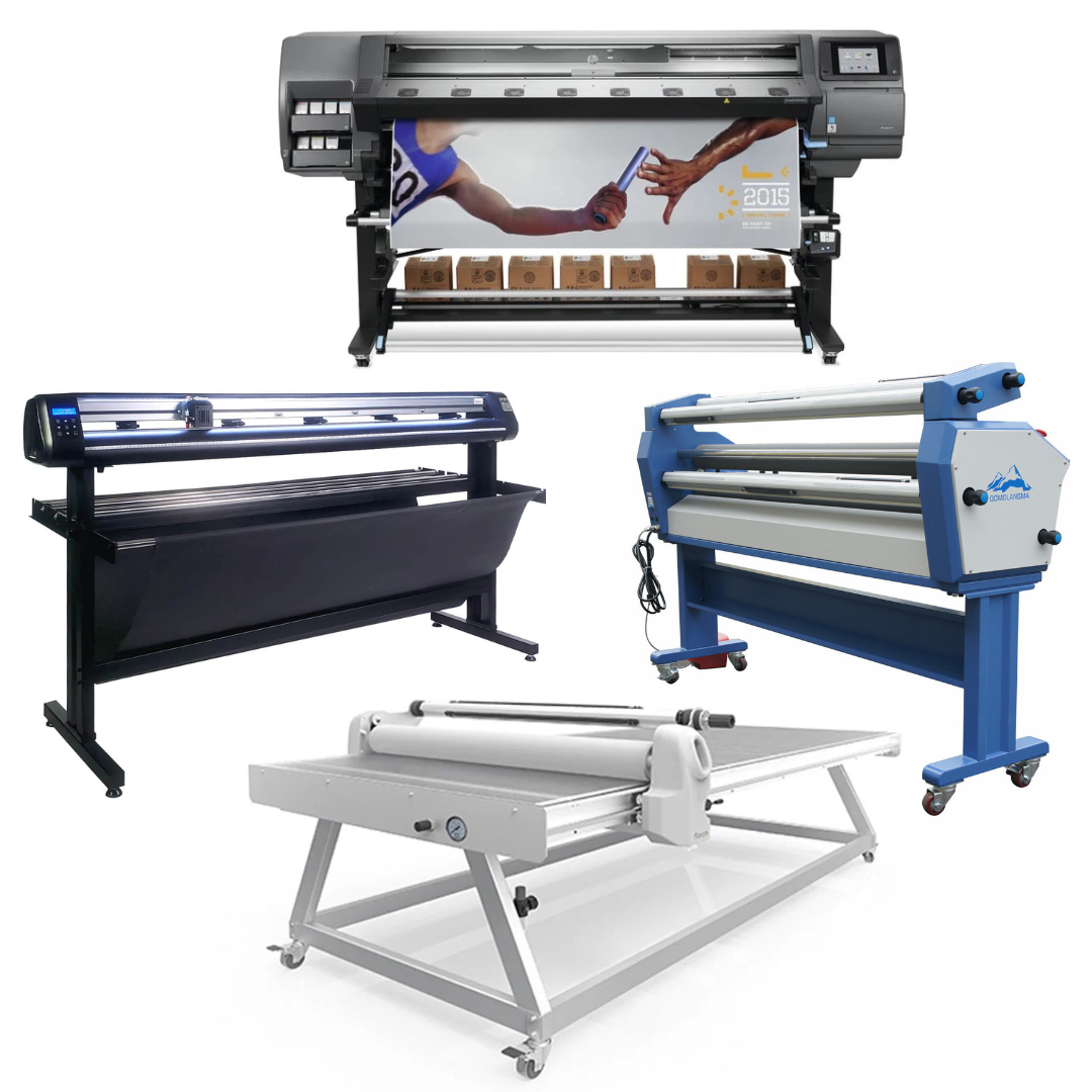 COMPLETE SOLUTION - HP Latex 370 64"- Refurbished (90 Days Warranty) + 65" Vinyl Cutter with ARMS Contour Cutting, Barcode Workflow, and Vacuum Hold-Down - MH400 + 63" Wide Format Cold Laminator + 51" x 98" Flatbed Lamination Table for All Prints