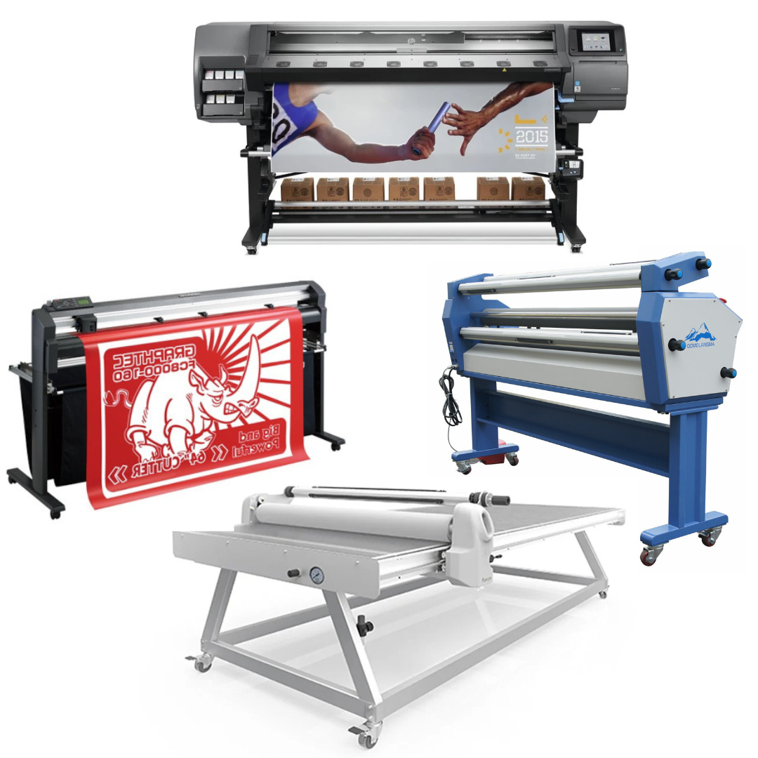 COMPLETE SOLUTION - HP Latex 370 Printer - Refurbished (90 Days Warranty) + 64" Graphtec FC8000-160 Vinyl Cutting Plotter - Refurbished (90 Days Warranty) + 63" Wide Format Cold Laminator, with Heat Assisted + 51" x 98" Flatbed Lamination Table
