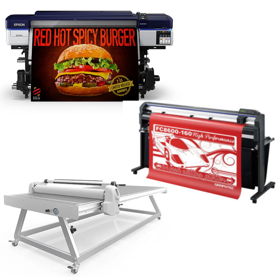 COMPLETE SOLUTION - Epson SureColor S40600 Production Edition - Refurbished (1 Year Warranty) + 64" Graphtec FC8600-160 Cutting Plotter - Refurbished (1 Year Warranty) + 51" x 98" Flatbed Lamination Table for All Size Prints and Kinds of Board - New
