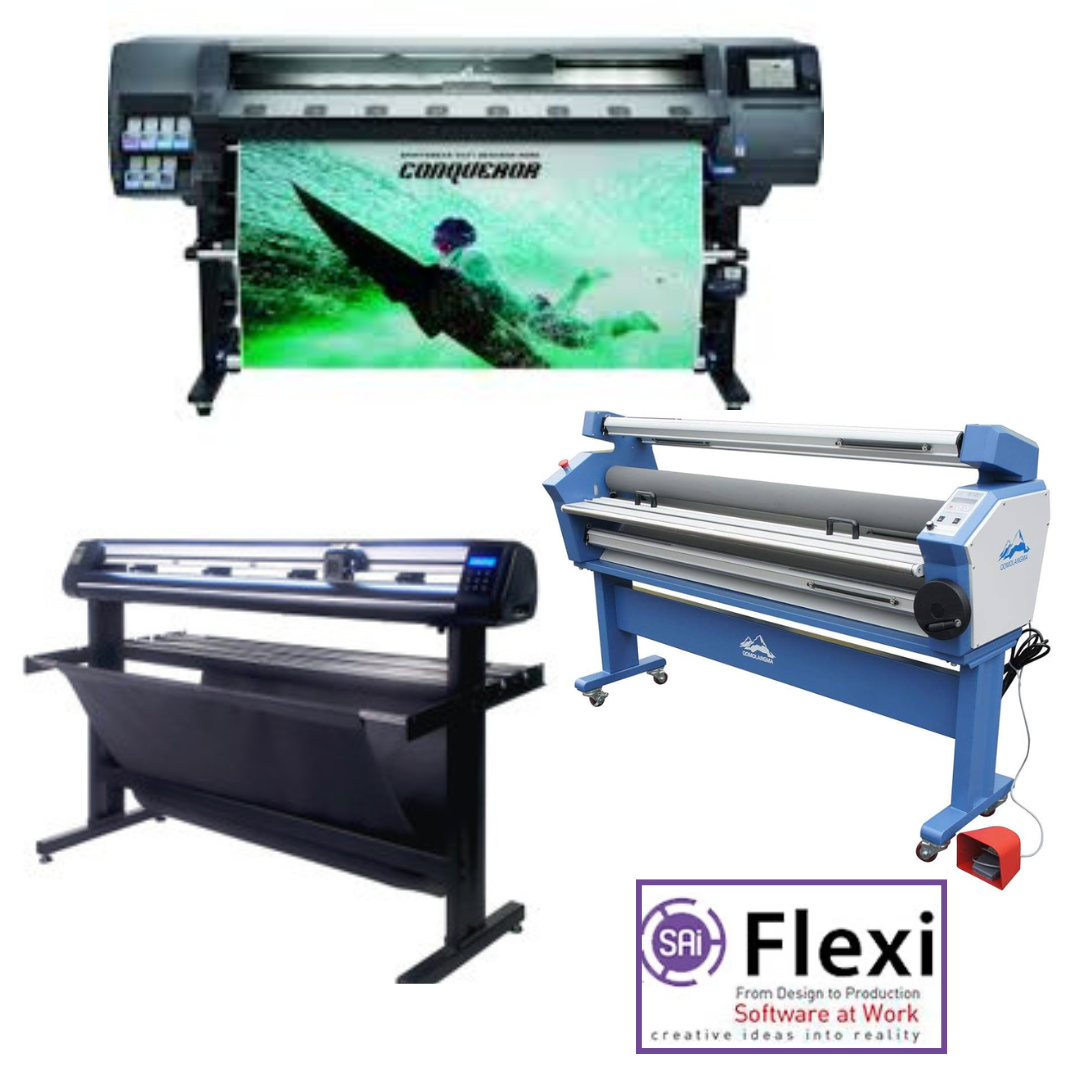 ON SALE - COMPLETE SOLUTION - HP Latex 365 64&quot; Printer - Refurbished (90 Days, 1, 2, 3 or 4 Y/Warranty) +  55&quot; Cold Laminator w/Heat Assisted + 53&quot; Vinyl Cutter with ARMS Contour Cutting &amp; Barcode (MH300) - New + Flexi RIP Software