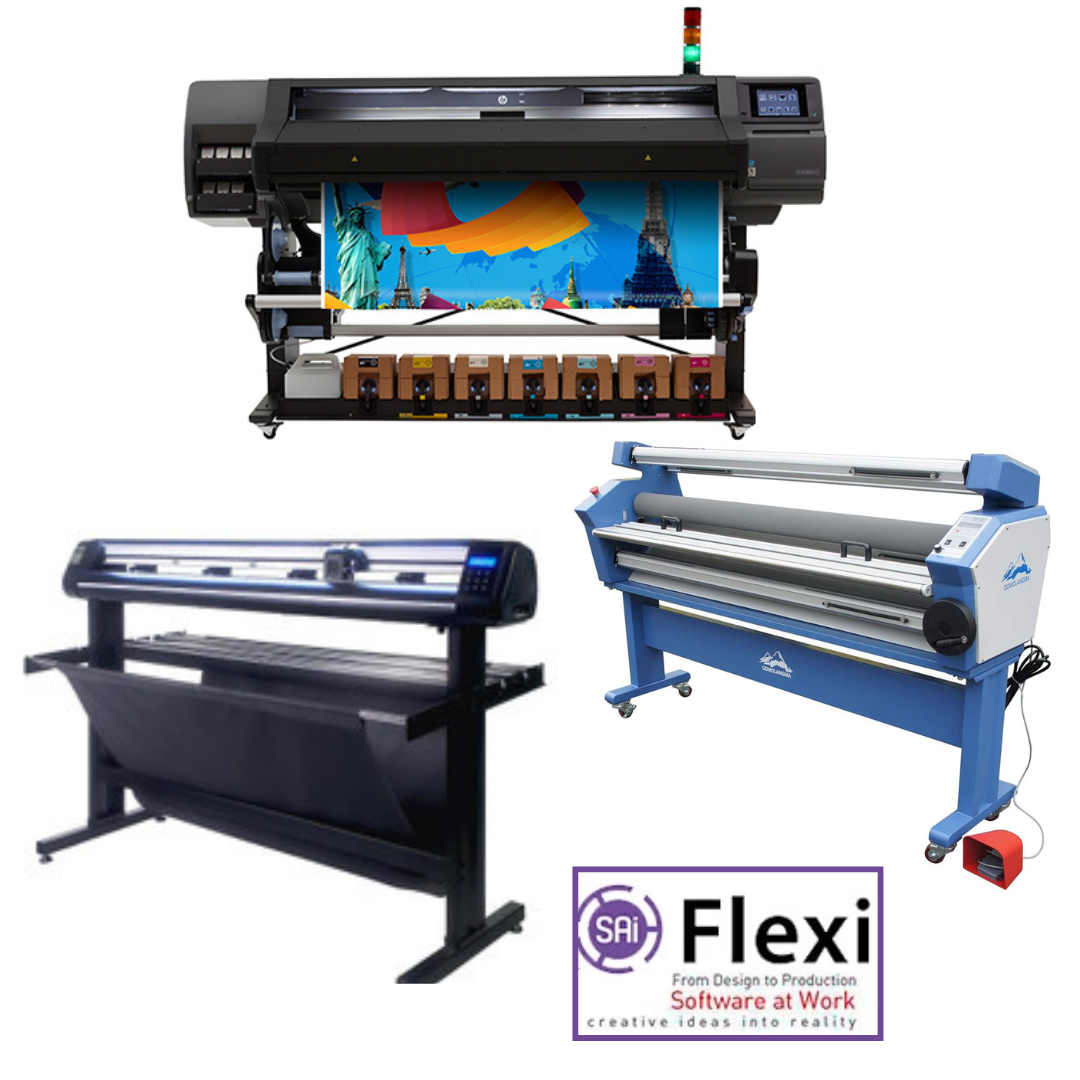COMPLETE SOLUTION -  HP Latex 570 Printer - Refurbished (90 Days, 1, 2, 3 or 4 Years Warranty)+ 63" Full-auto Cold Laminator, with Heat Assisted - New + 65" Vinyl Cutter Machine with ARMS Contour Cutting &amp; Barcode - MH300 (New) + Flexi RIP Software