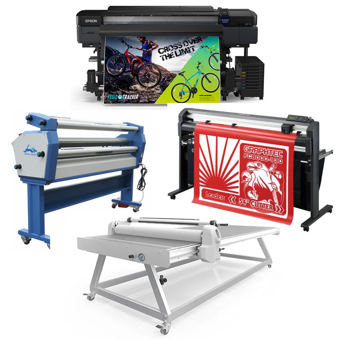 COMPLETE SOLUTION - Epson SureColor S60600L 64" Roll-to-Roll Solvent Printer (1 Y/Warranty) + 54" Graphtec FC8000-130 Cutting Plotter (1 Y/Warranty) + 63" Wide Format Cold Laminator, with Heat Assisted + 51" x 98" Flatbed Lamination Table
