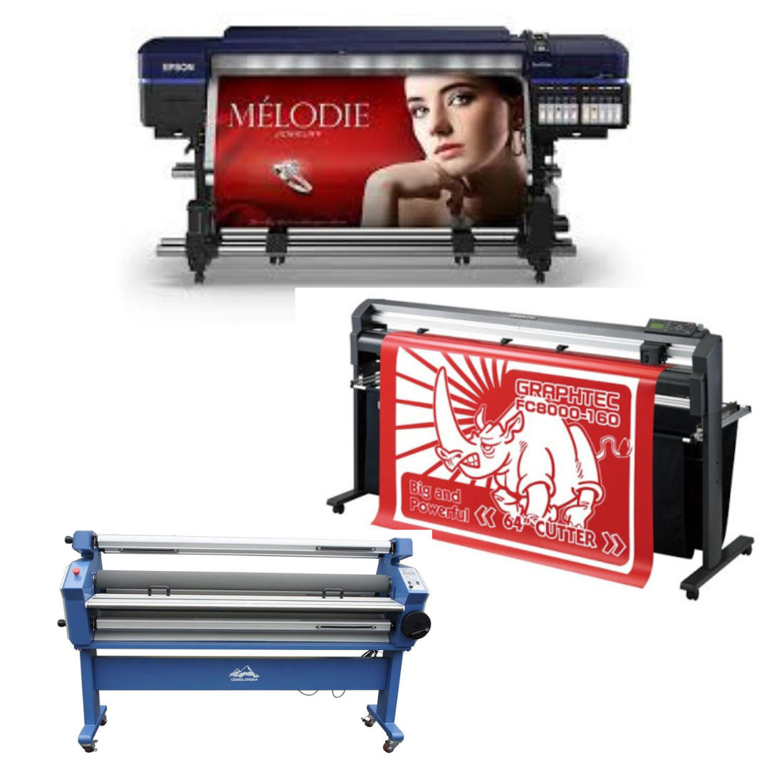 COMPLETE SOLUTION - Epson Surecolor S80600 Production Edition 64" Solvent Printer (Refurbished) + 64" Graphtec FC8000-160 Vinyl Cutting Plotter (Refurbished) + 55" Full-Auto Wide Format Cold Laminator with Heat Assisted (New)