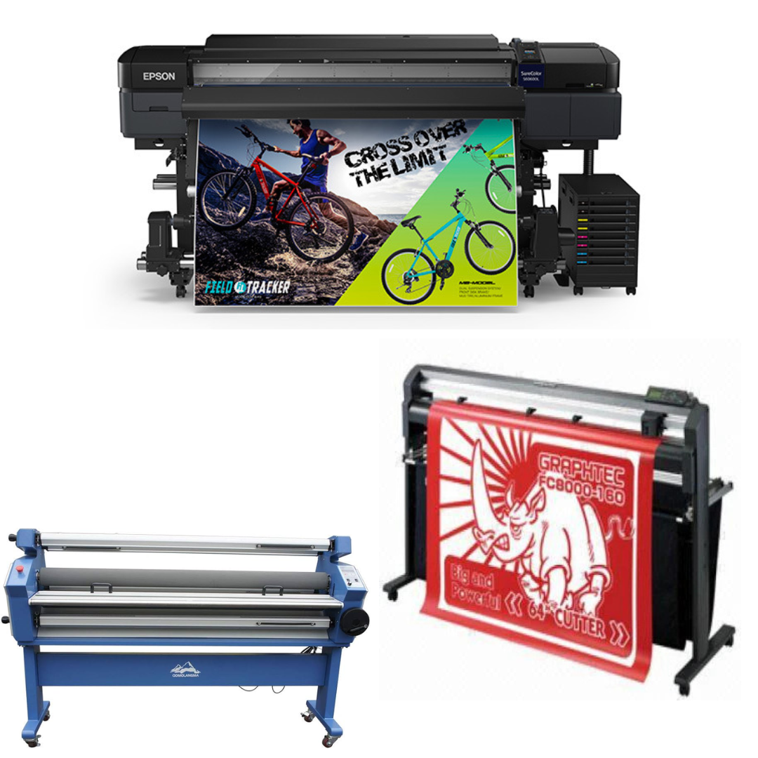 COMPLETE SOLUTION - Epson SureColor S60600L 64" Roll-to-Roll Solvent 4-Color Bulk Ink Printer - Refurbished (1 Year Warranty) + 64" Graphtec FC8000-160 Vinyl Cutting Plotter Refurbished (1 Year Warranty) + 55" Cold Laminator with Heat Assisted - New