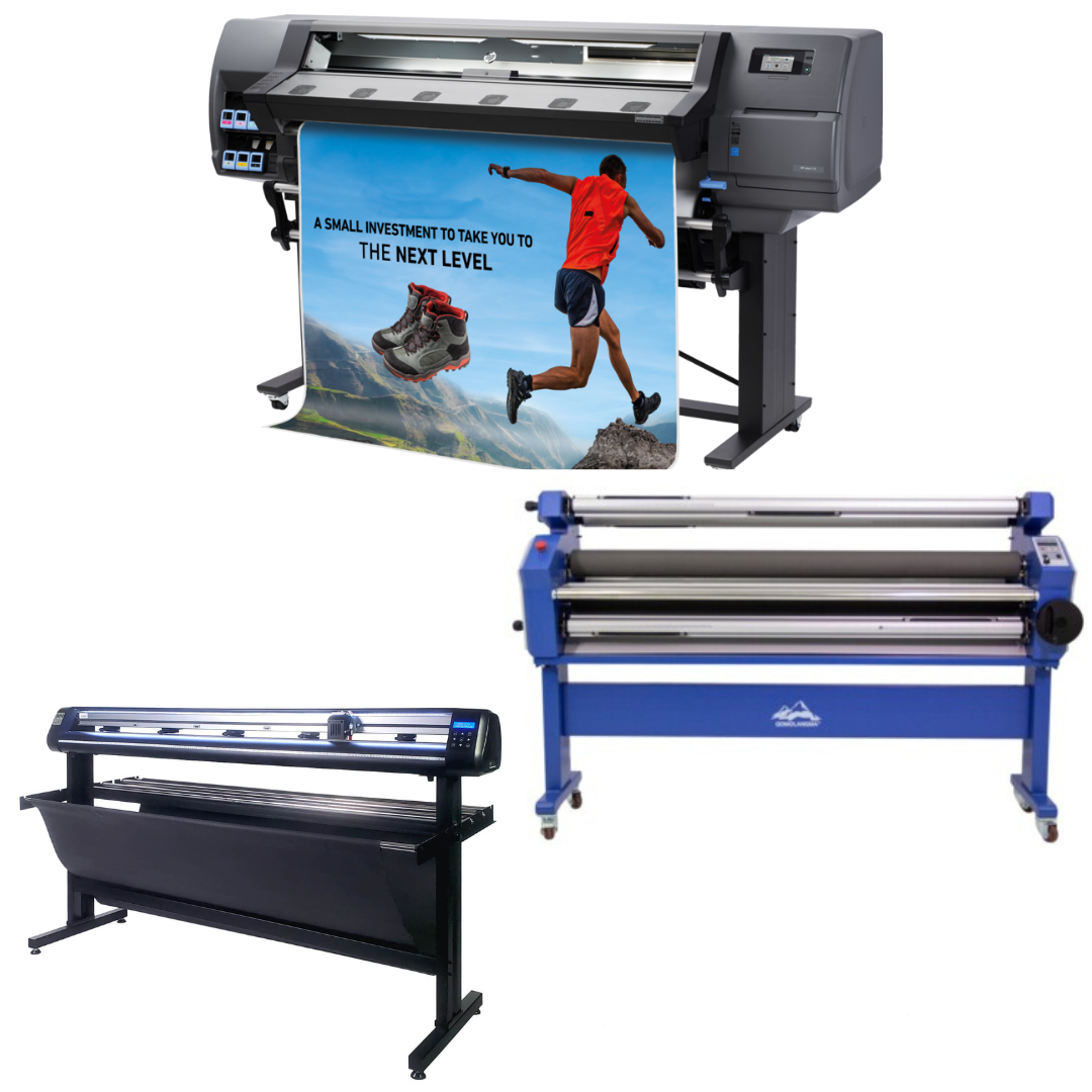 COMPLETE SOLUTION - HP Latex 330 Printer - Refurbished (90 Days, 1, 2, 3 or 4 Years Warranty) + 63" Wide Format Cold Laminator, with Heat Assisted - New + 65" Vinyl Cutter with ARMS Contour Cutting, Barcode, Vacuum Hold-Down - MH400 - New