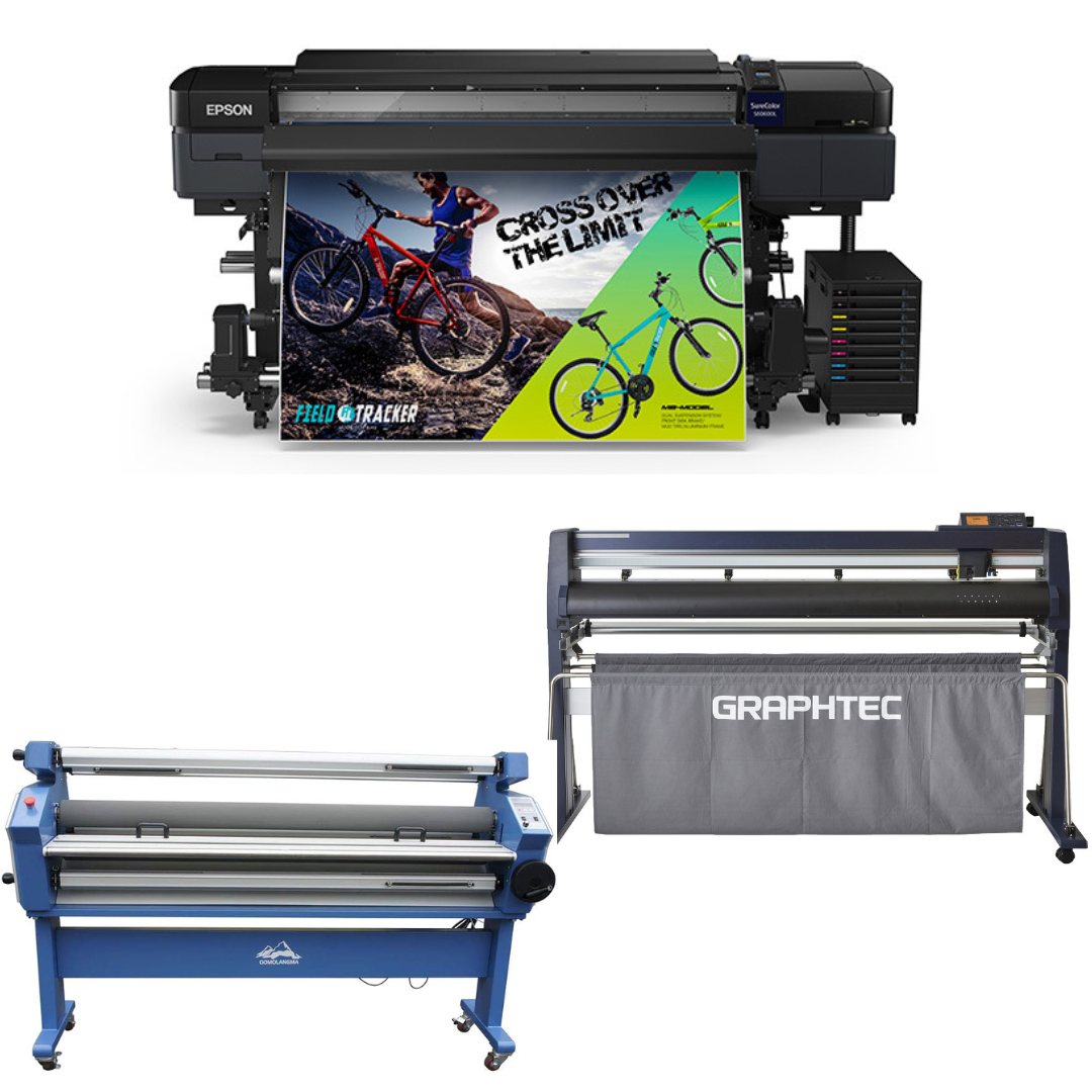 COMPLETE SOLUTION - Epson SureColor S60600L 64" Roll-to-Roll Solvent 4-Color Bulk Ink Printer - Refurbished (1 Year Warranty) + 64" Graphtec FC9000-160 Vinyl Cutting Plotter - Refurbished (1 Year Warranty) + 55" Cold Laminator with Heat Assisted - New