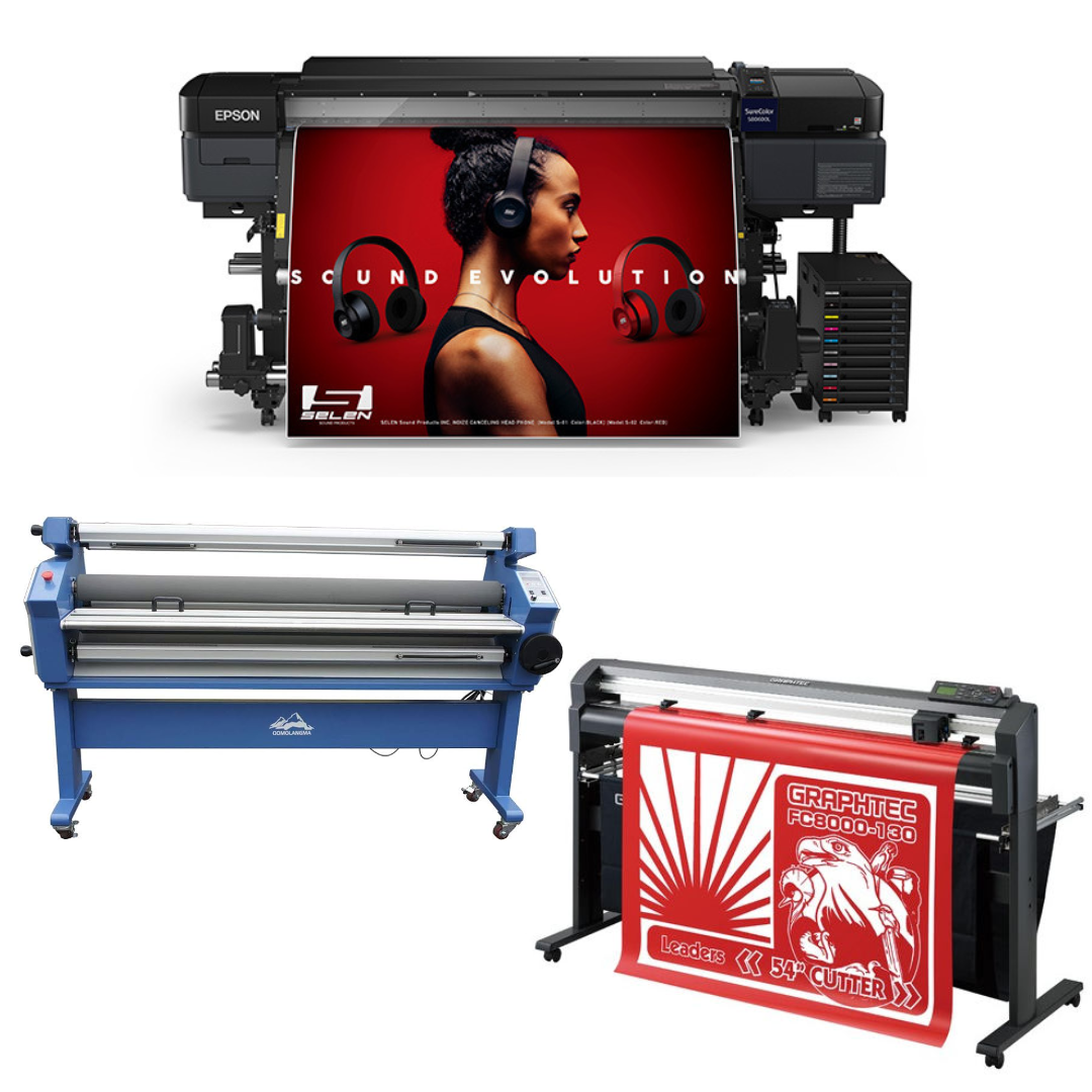 COMPLETE SOLUTION - Epson SureColor S80600L 64" Solvent Printer - Refurbished (1 Year Warranty) + 54" Graphtec FC8000-130 Vinyl Cutting Plotter - Refurbished (1 Year Warranty) + 55" Full-Auto Wide Format Cold Laminator with Heat Assisted - New