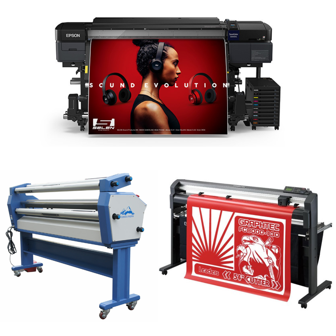 COMPLETE SOLUTION - Epson SureColor S80600L 64" Solvent Printer - Refurbished (1 Year Warranty) + 54" Graphtec FC8000-130 Vinyl Cutting Plotter - Refurbished (1 Year Warranty) + 63" Full-auto Wide Format Cold Laminator, with Heat Assisted - New