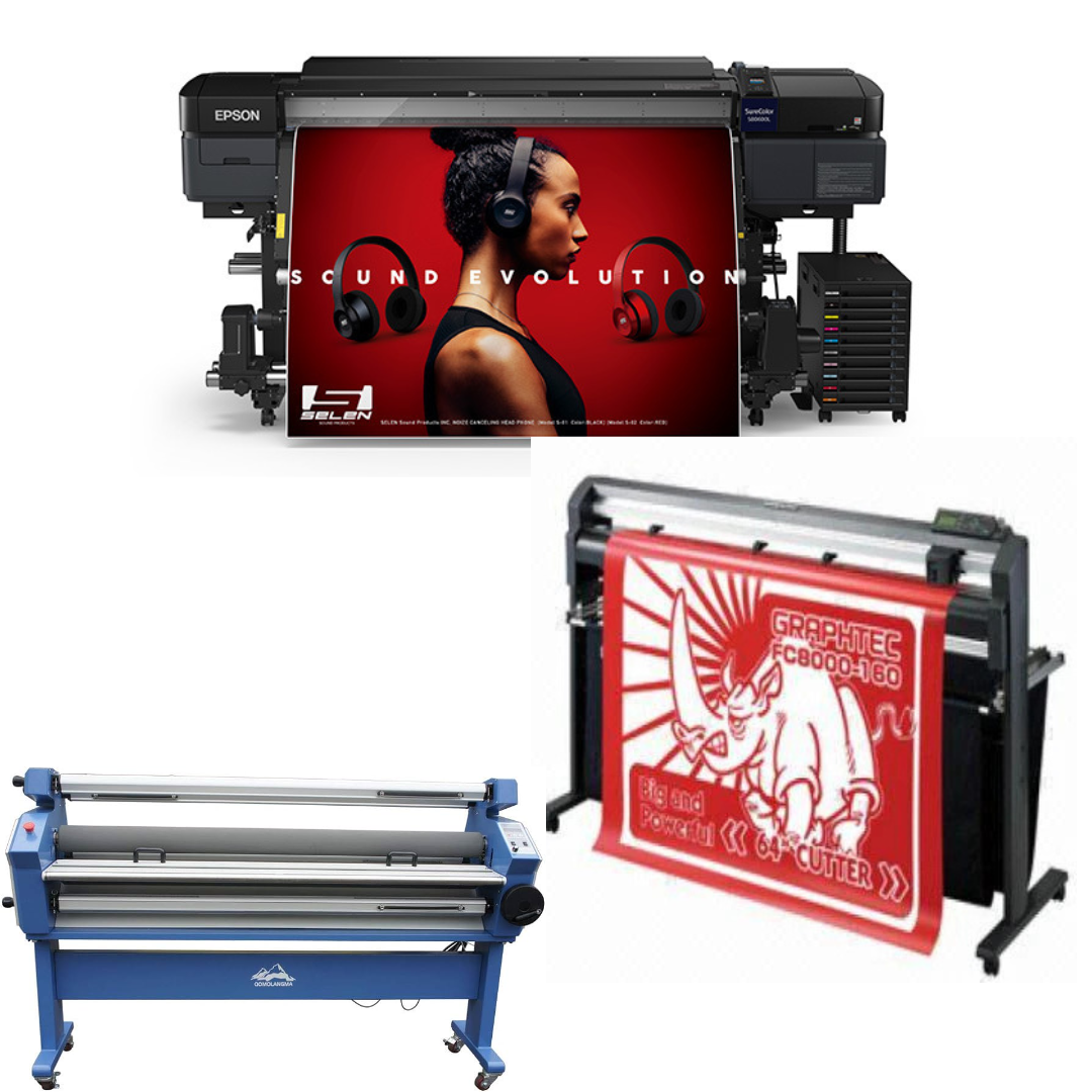 COMPLETE SOLUTION - Epson SureColor S80600L 64" Solvent Printer - Refurbished (90 Days Warranty) + 64" Graphtec FC8000-160 Vinyl Cutting Plotter - Refurbished (90 Days Warranty) + 55" Full-Auto Wide Format Cold Laminator with Heat Assisted - New