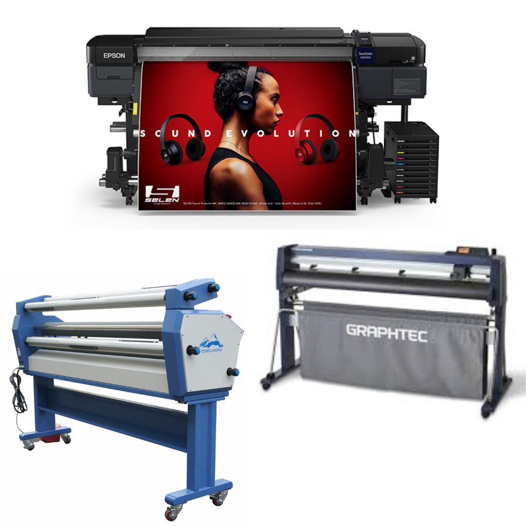 COMPLETE SOLUTION - Epson SureColor S80600L 64" Solvent Printer - Refurbished (1 Year Warranty) + 54" Graphtec FC9000-140 Wide Cutter - Refurbished (1 Year Warranty) + 63" Full-auto Wide Format Cold Laminator, with Heat Assisted - New