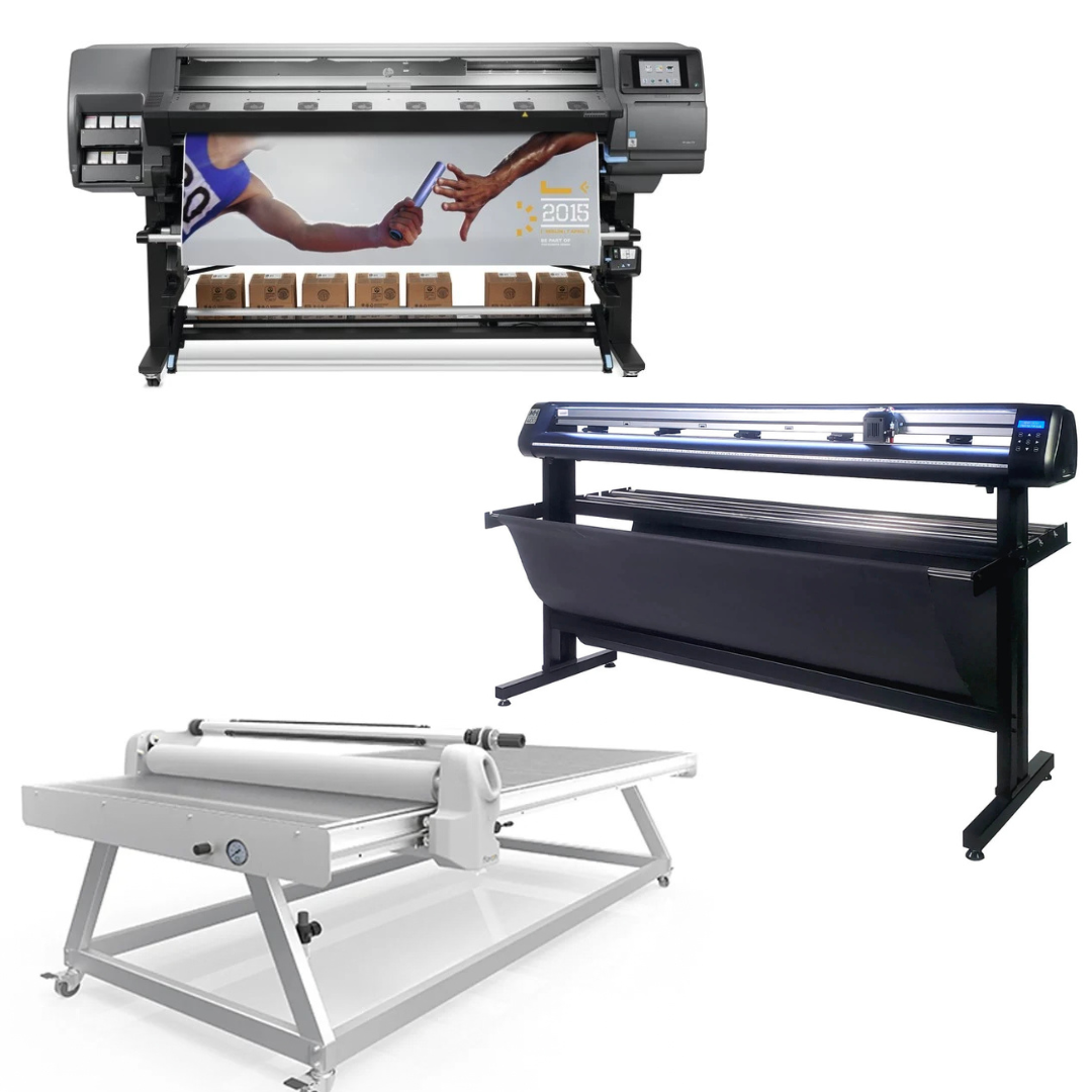 COMPLETE SOLUTION - HP Latex 370 64"- Refurbished (90 Days Warranty) + 65" Vinyl Cutter with ARMS Contour Cutting, Barcode Workflow, and Vacuum Hold-Down - MH400 + 51" x 98" Flatbed Lamination Table for All Prints - New