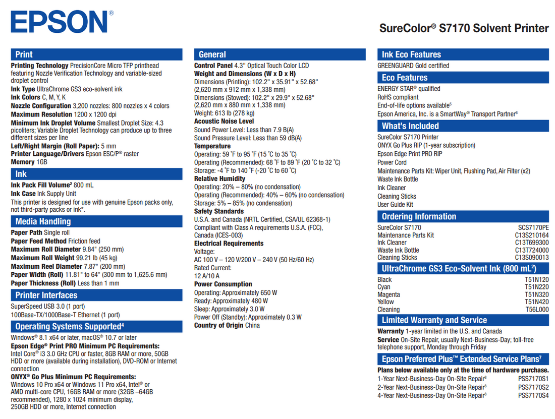 Epson SureColor S7170 64&quot; Production Edition Solvent Printer - New