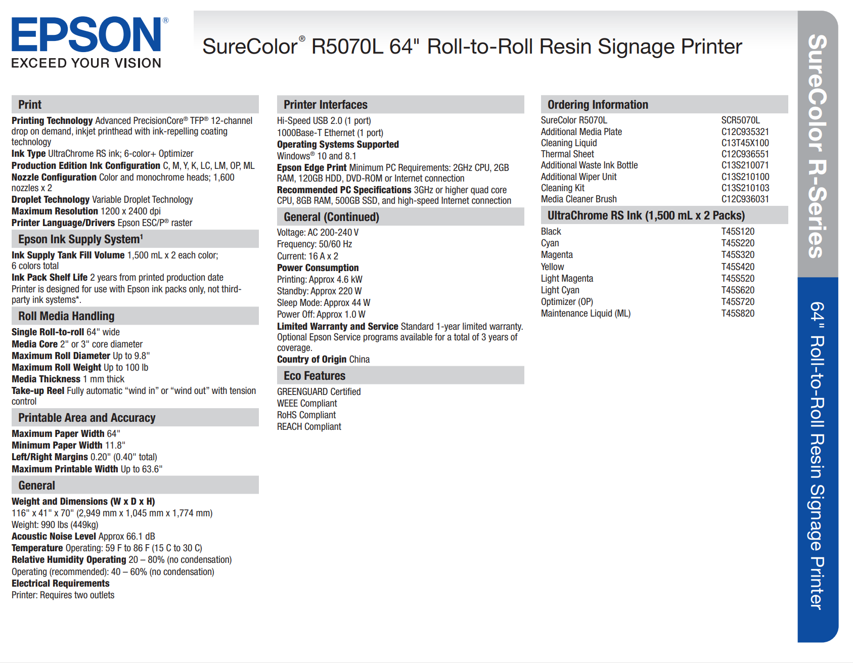 Epson SureColor R5070L 64&quot; Roll-to-Roll Resin Signage Printer - DEMO UNIT